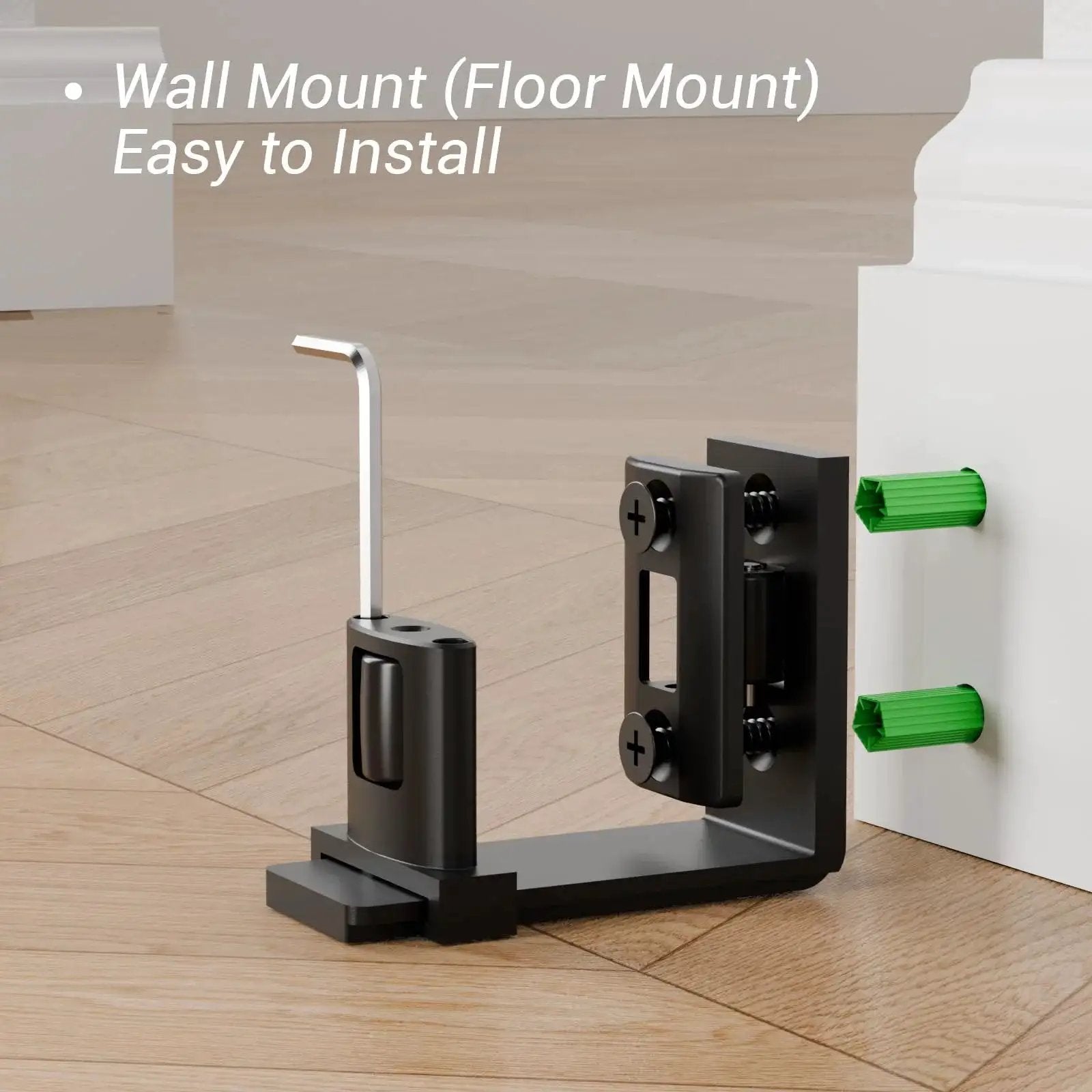 Sliding Barn Door Floor Guide with Adjustable Roller, U-Shape Flexible Flush Design, wall mounted black hardware installed
