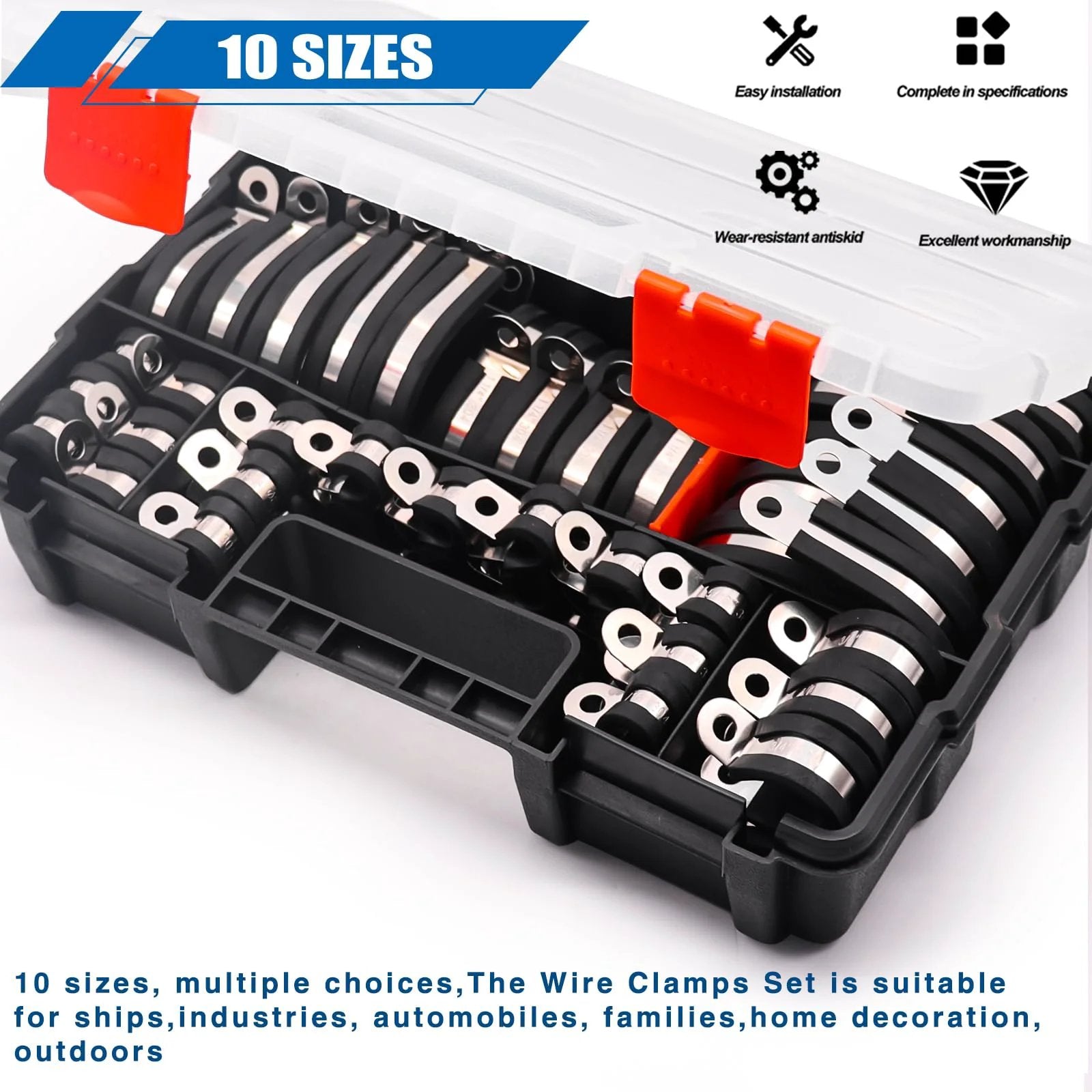 Premium 110 Piece Cable Clamps Assortment Kit With 304 Stainless Steel Rubber Cushioned Clamps In A Handy Handheld Box