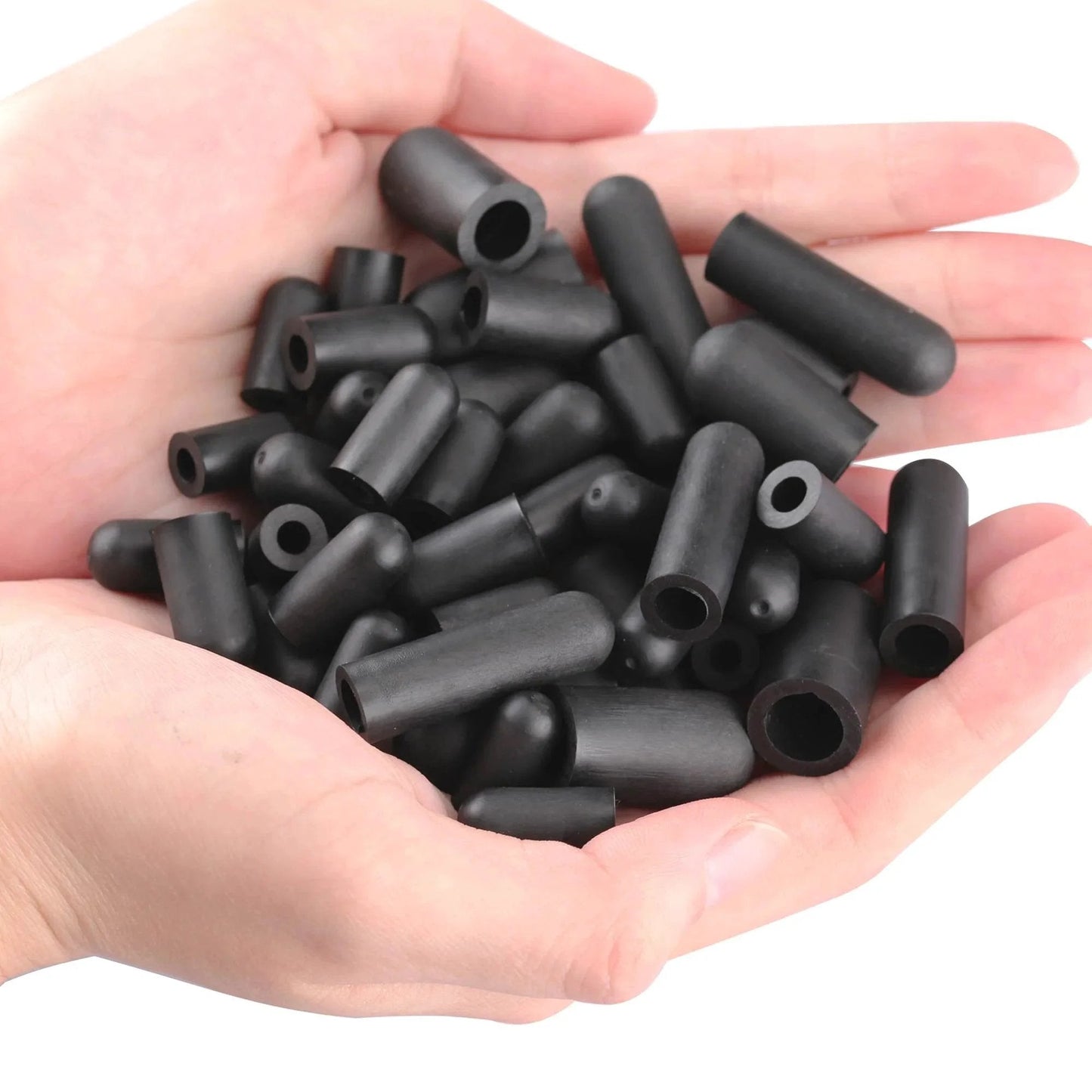 Vacuum Hose Caps Set With 80 Pieces, Six Size Assortment In Black Rubber For Automotive Vacuum Lines visible in hand
