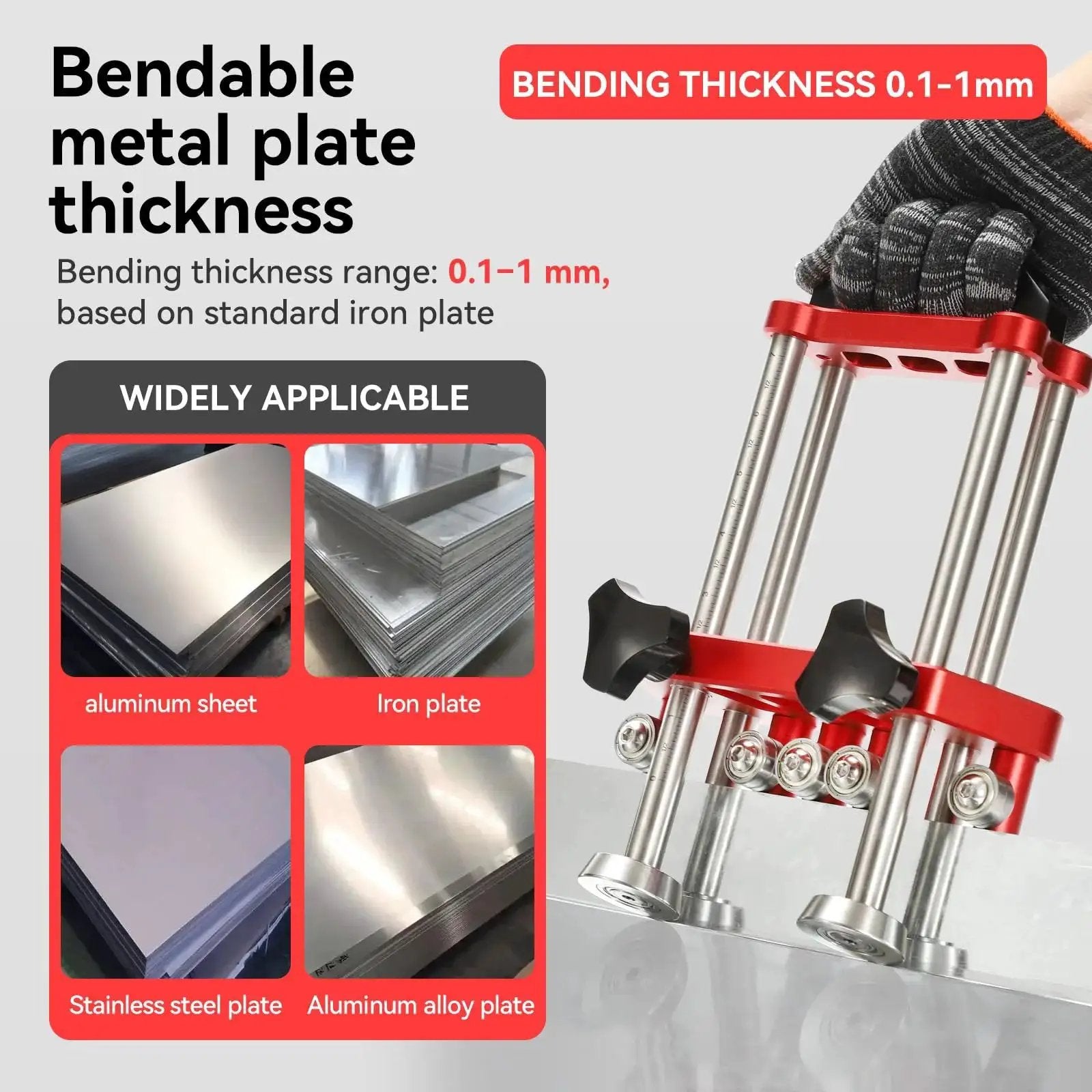 Image of a bendable metal plate thickness tool showing a handheld sheet metal roller and two station bender with 0.1-1mm capability.