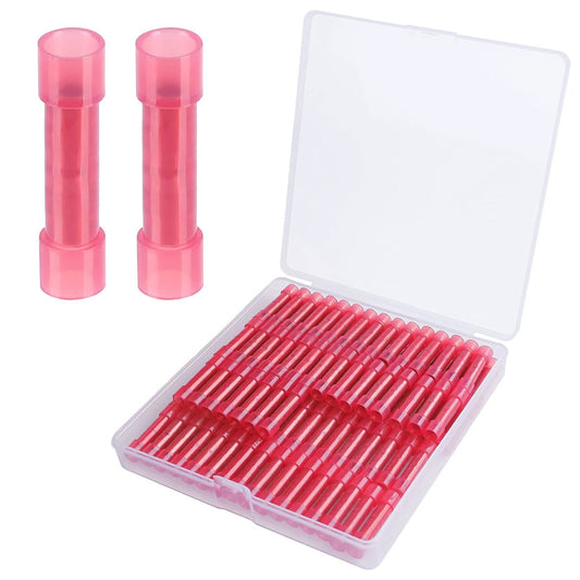 100 Pcs PA66 Nylon 22-16 AWG Wire Connectors Electrical Crimp Butt Connector Fully Insulated Splice Terminals Red Copper Tin Plated for Auto Marine DIY Electronics Wiring Projects