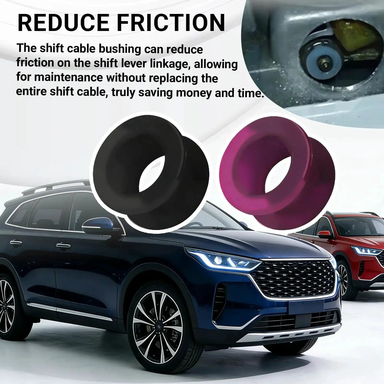 2 Pack Shift Cable Bushing Repair Kit for Automatic Transmissions with Clips, cars in background, focus on bushings