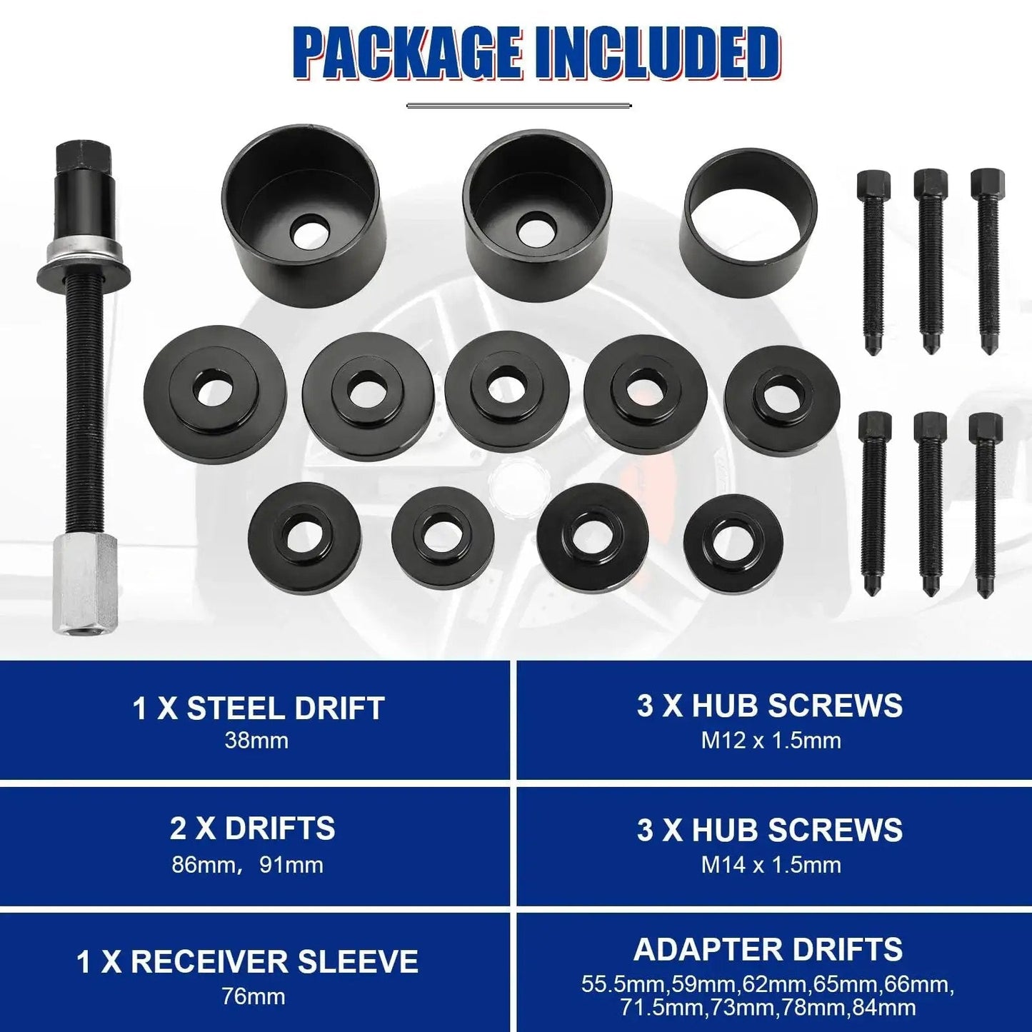 19 Piece Front Wheel Drive Bearing Removal And Installation Tool Kit with adapter puller, drifts, hub screws, and sleeve displayed