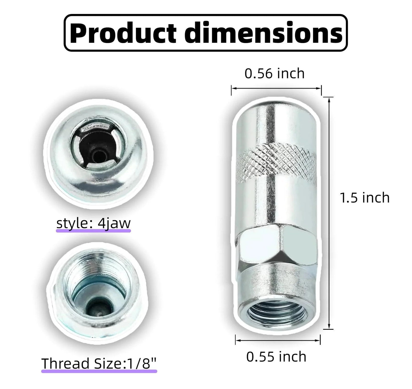 Heavy Duty Replacement Coupler Tips 4 Pack For Cordless Milwaukee Grease Guns M18 And M12 49-16-2649, dimensions displayed