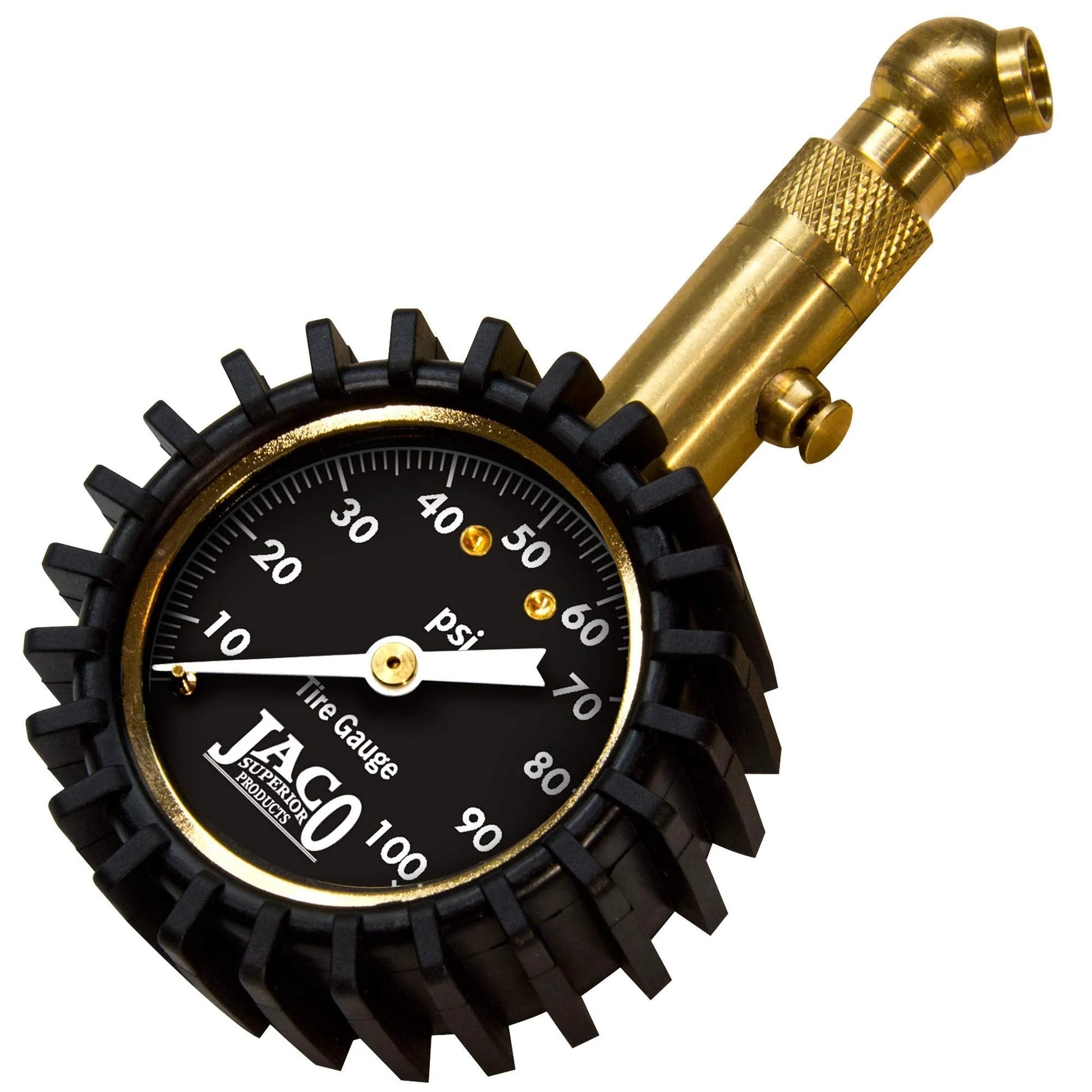 Professional Grade Tire Pressure Gauge With 100 PSI Reading, Mechanic Recommended, Calibrated To ANSI B40.1 Standards 1.5 Percent Variation, Battery Free, Built Tough In Rugged Brass For Cars Trucks And SUVs with black dial.