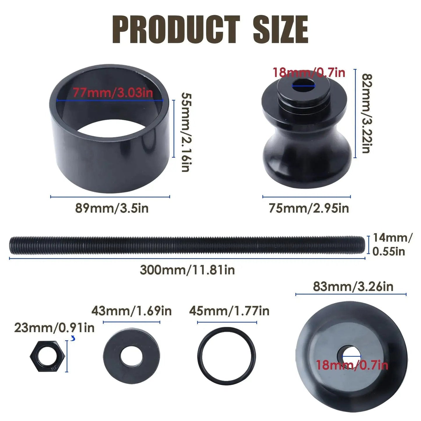 Black Wheel Bearing Removal Tool For ATV And UTV Fits 40 Or 44 Millimeter Bearings, showing dimensions and steel parts.