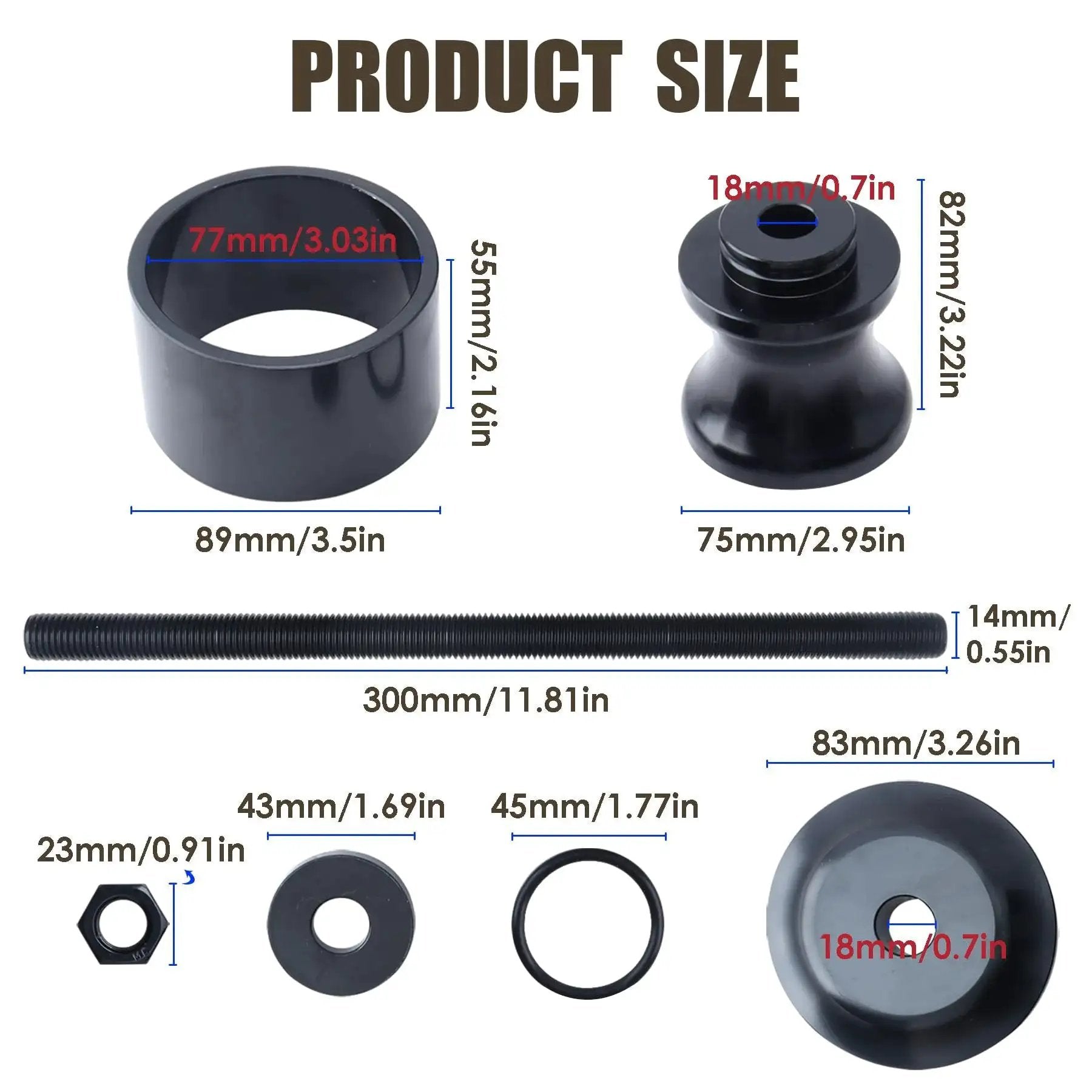 Black Wheel Bearing Removal Tool For ATV And UTV Fits 40 Or 44 Millimeter Bearings, showing dimensions and steel parts.