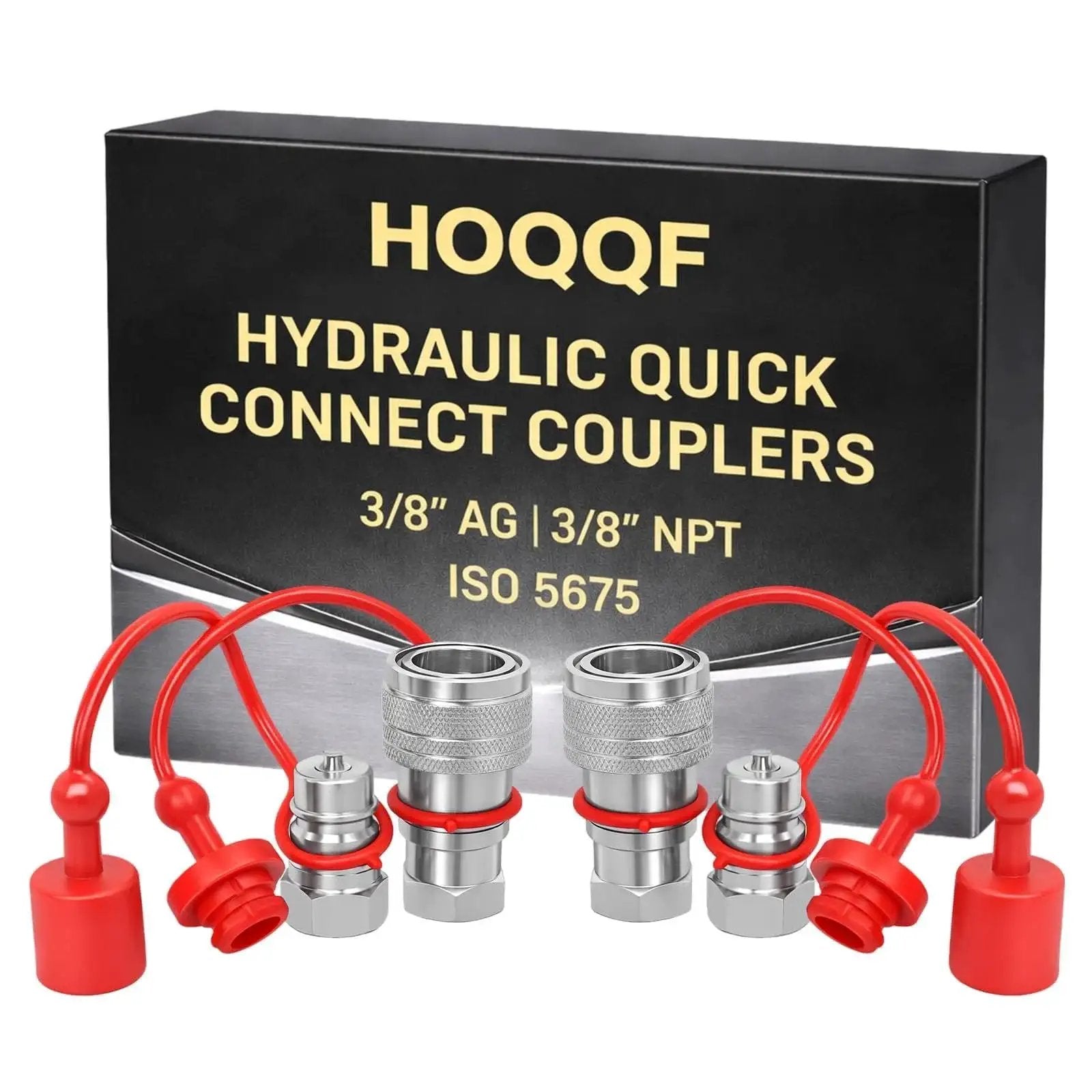 Two Pack One Half Inch Agricultural Hydraulic Quick Connect Couplers With Dust Caps ISO 5675 Pioneer Poppet Style visible in packaging