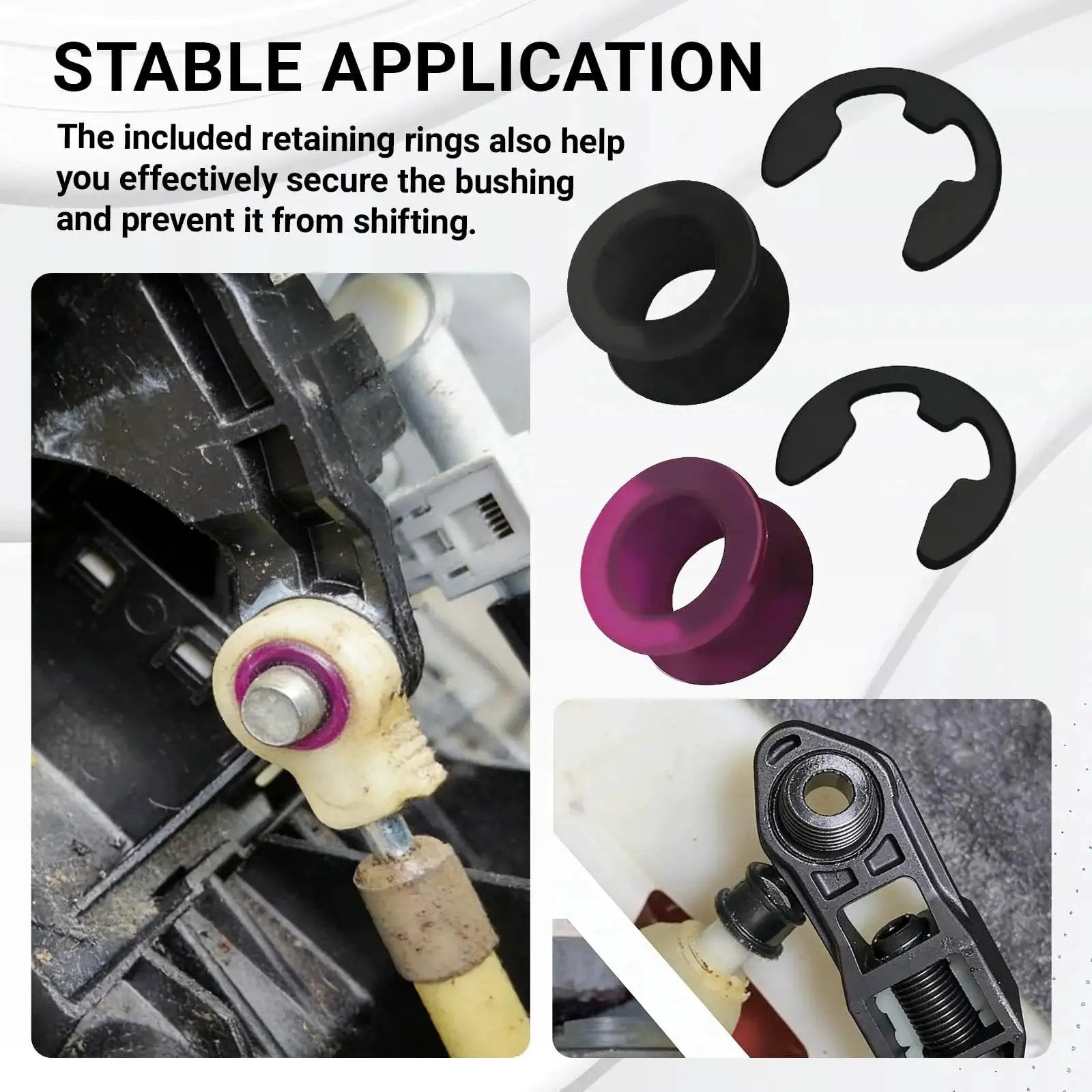 2 Pack Shift Cable Bushing Repair Kit for Automatic Transmissions with Clips showing installation and components