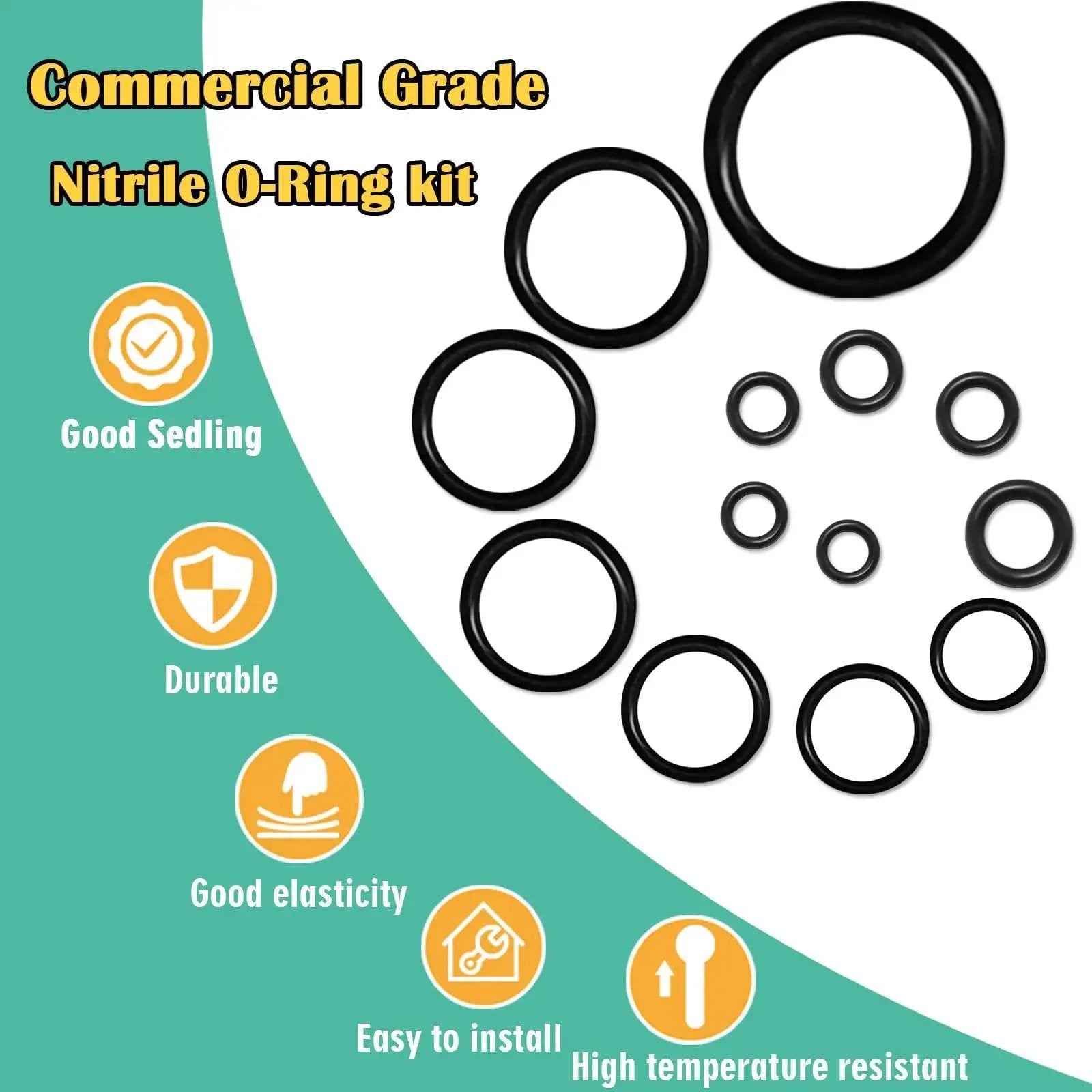 Commercial grade nitrile O-ring kit with various sizes and durability features highlighted.