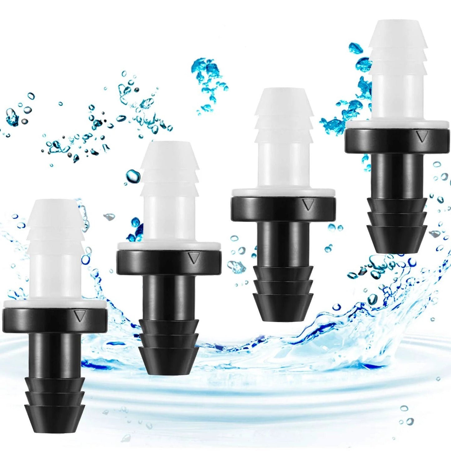 Four pieces of Six Piece Bulk Inline One Way Check Valve Set Three Eighths Inch ABS Plug In Valves, white and black, with water splash