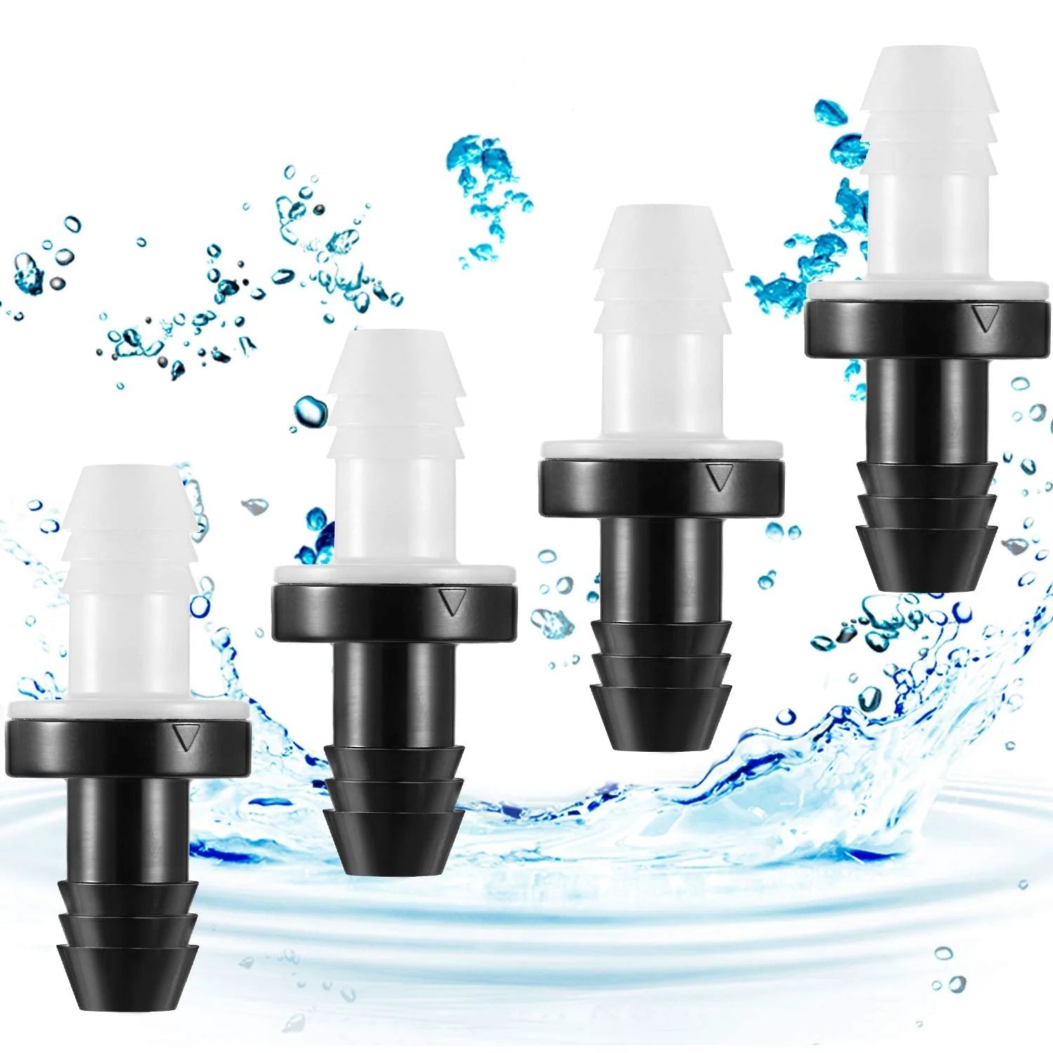 Four pieces of Six Piece Bulk Inline One Way Check Valve Set Three Eighths Inch ABS Plug In Valves, white and black, with water splash