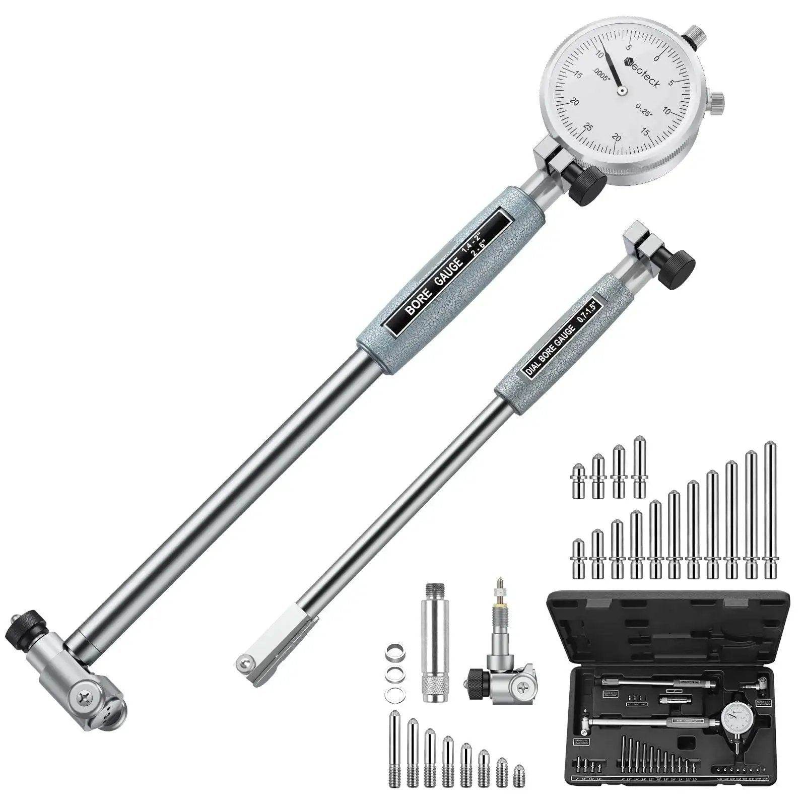 Dial Bore Gauge Set With 0.7 To 6 Inch Range And 6 Inch Depth For Engine Cylinder Measurement Ultra Precise 0.0005 Inch Accuracy 23 Piece Anvils