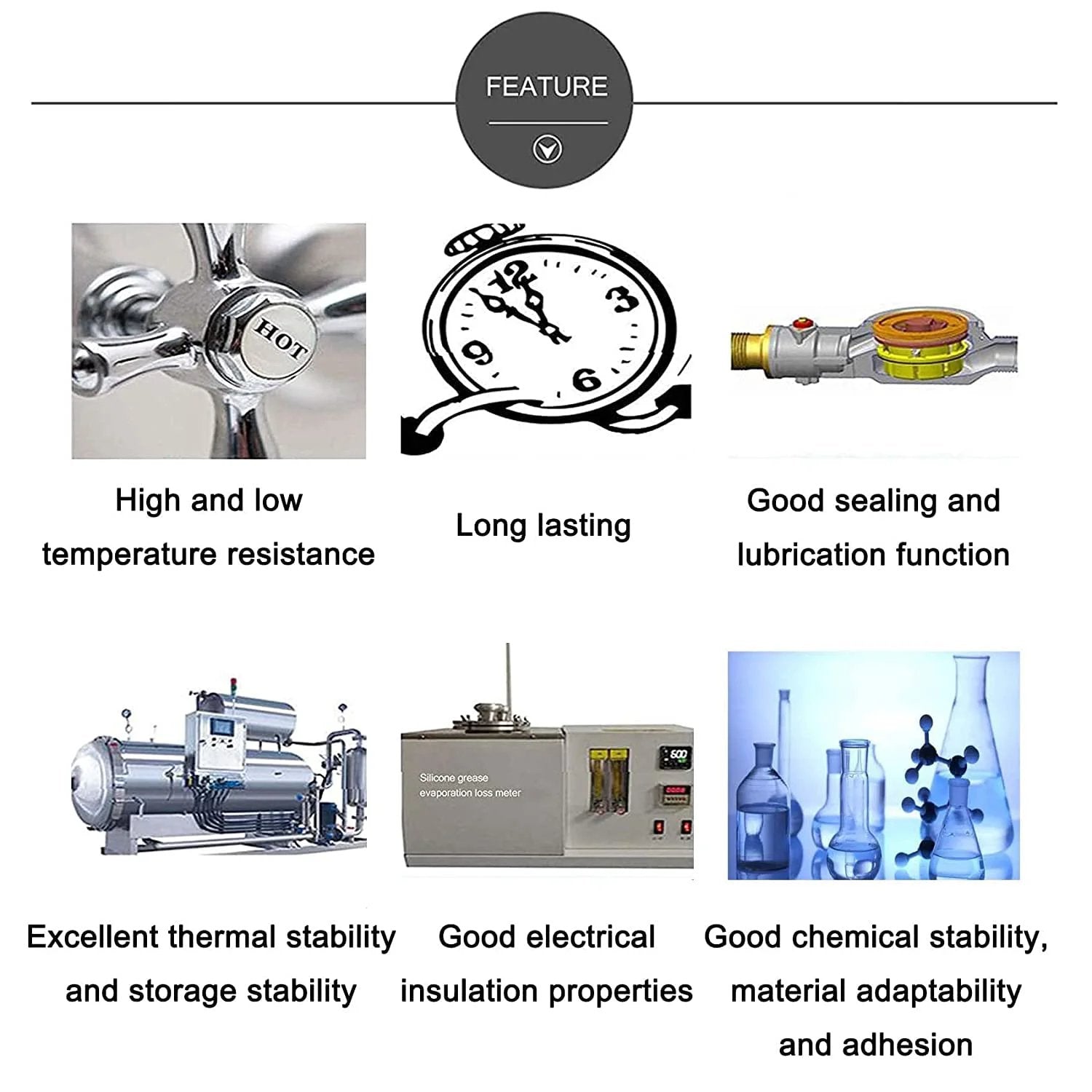Diagram showing features of High Vacuum Silicone Sealing Grease SG01A with Inorganic Thickener for Dielectric Waterproof Performance