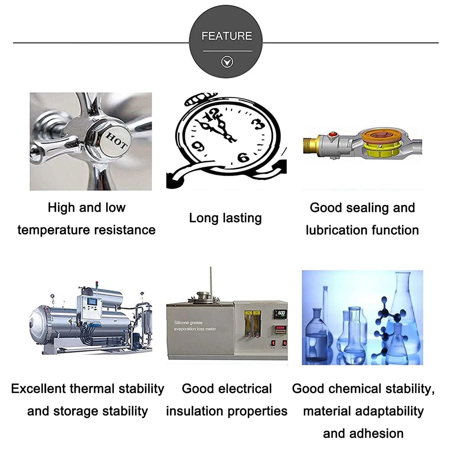 Image showing features of Pro Grade High Vacuum Grease for Sealing and Insulation, Thickened Silicone Lubricant, 3 Oz Pack
