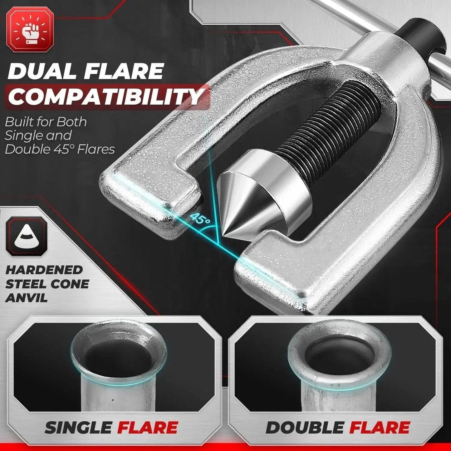 Brake Line Flare Tool Kit Cutter 45 Flare Single and Double 1/8 to 5/8 Tubing showing dual flare compatibility