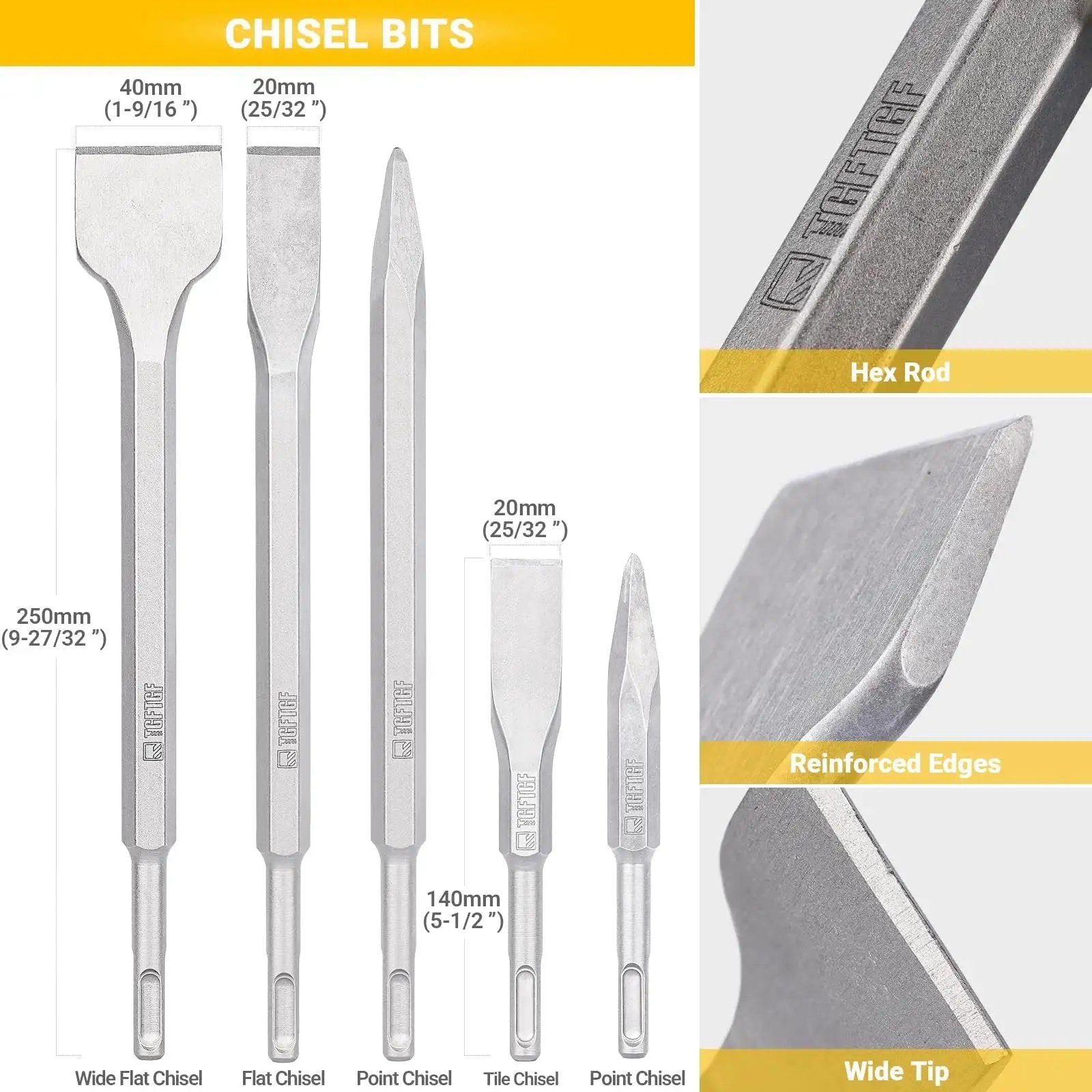 Chisel bits from 17 Piece SDS Plus Rotary Hammer Drill Bits And Chisel Set With YG8C Carbide Tips for concrete masonry projects