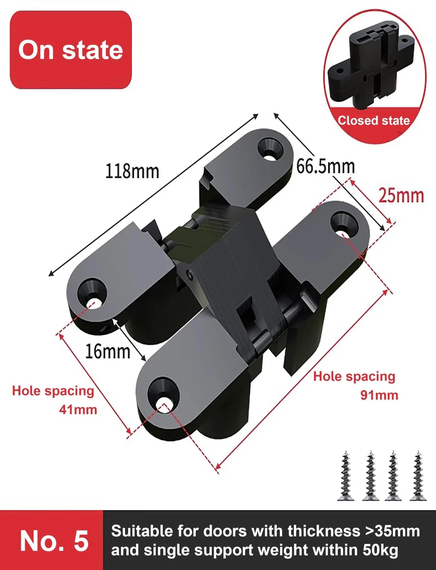 Invisible Cabinet Hinges 2 Pack 180 Degree Cross Hinges for Kitchen Cabinets Zinc Alloy Concealed Door Hinge Set, dimensions labeled.