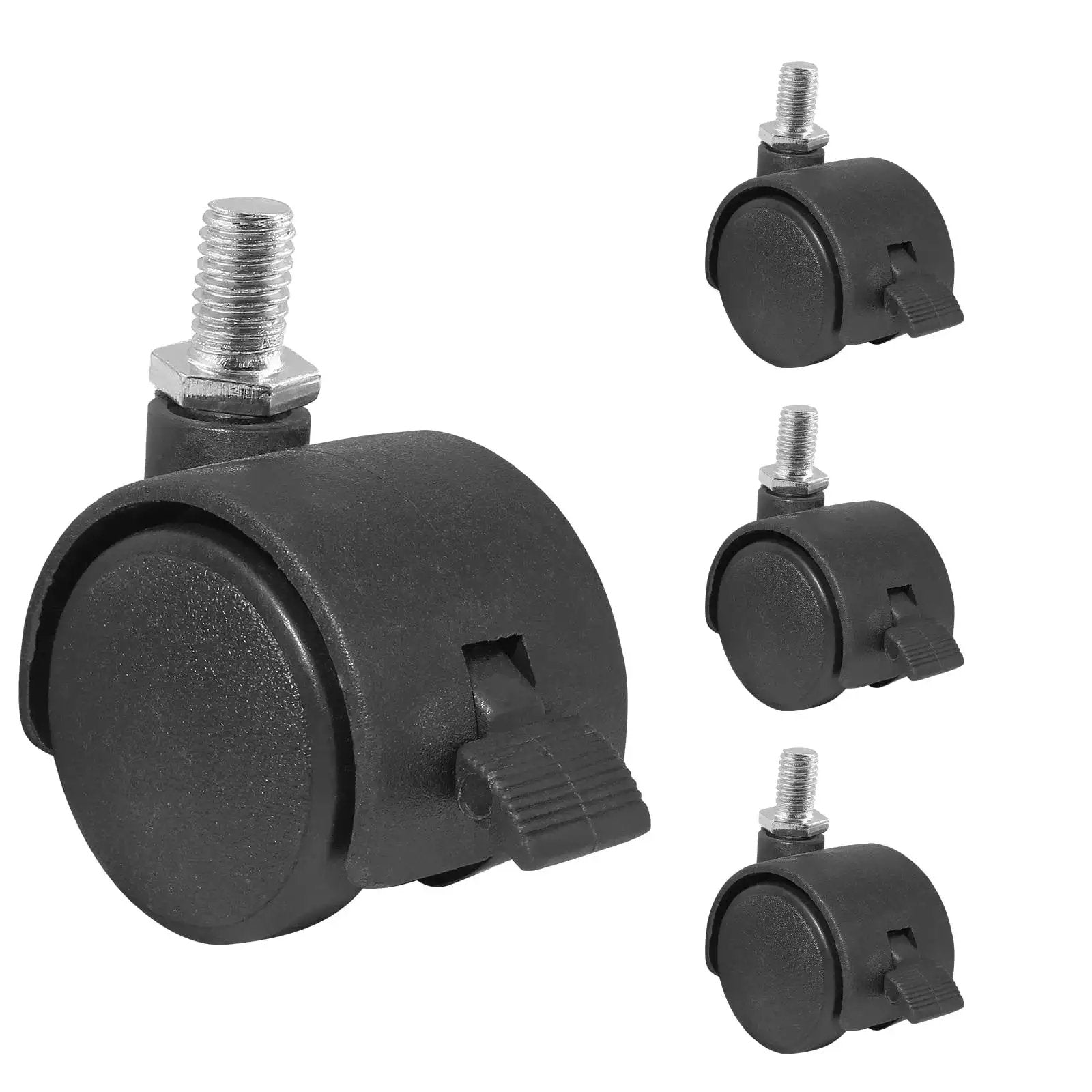 4Pcs 1 Inch Plastic Caster Wheels with Swivel M8 X 13mm Stem, Black Nylon and Metal Construction, 30mm Wheel Diameter, Each Caster with Locking Brake