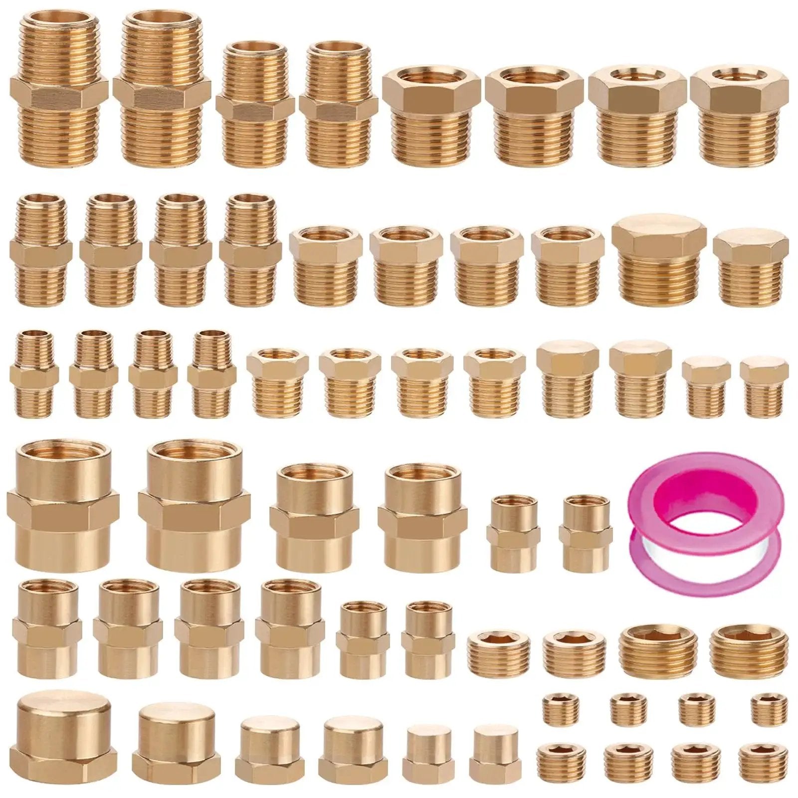 60 Pieces Brass Pipe Fittings Assortment Kit With NPT Male Hex Nipples NPT Hex Bushings Reducing Hex Couplings Hex Head Plugs End Caps Socket Plugs