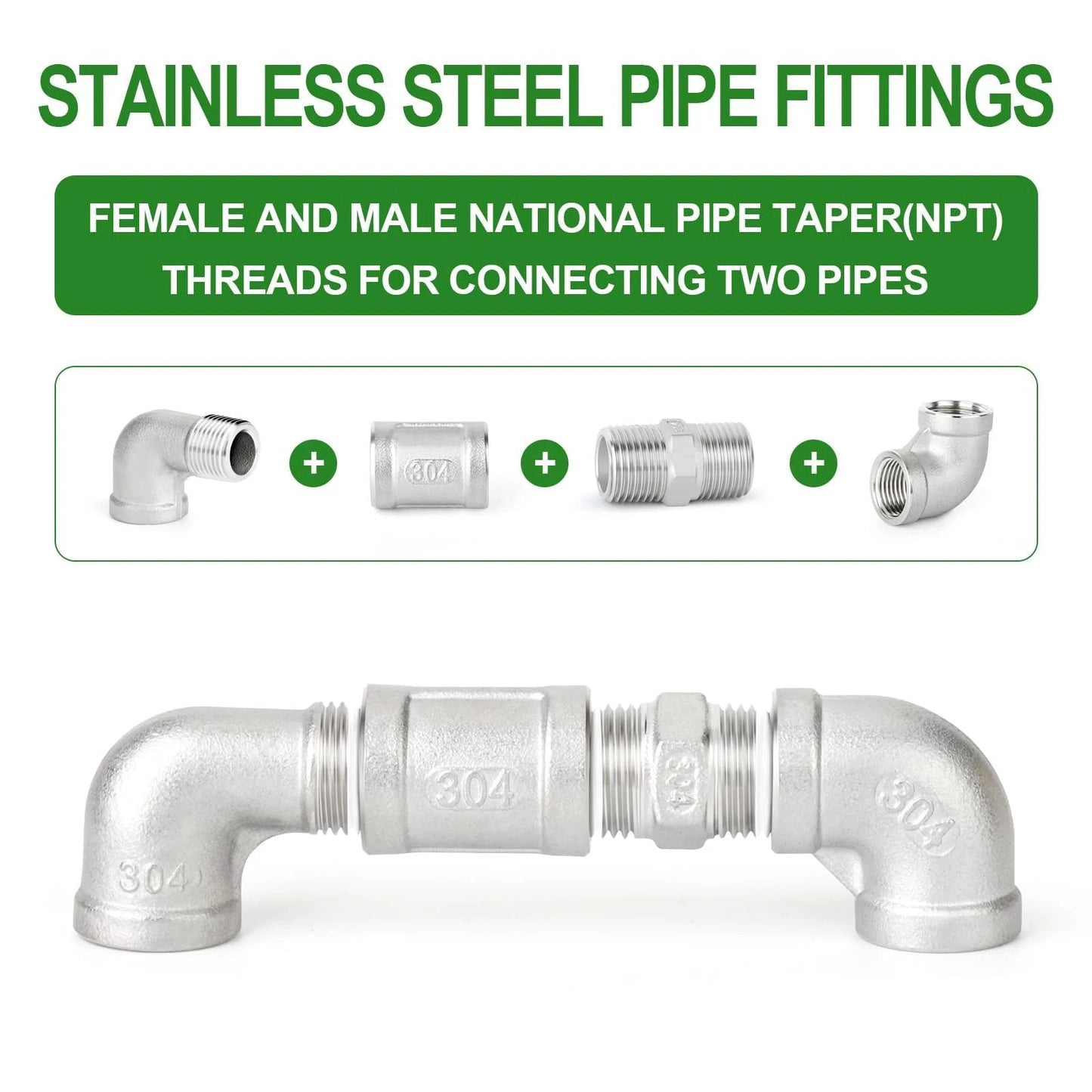 Heavy Duty 8-Piece 304 Stainless Steel Pipe Fitting Kit With 90 Degree Elbows, Hex Bushings, And 3/8 NPT Couplings For Industrial Plumbing And DIY Projects By Taisher