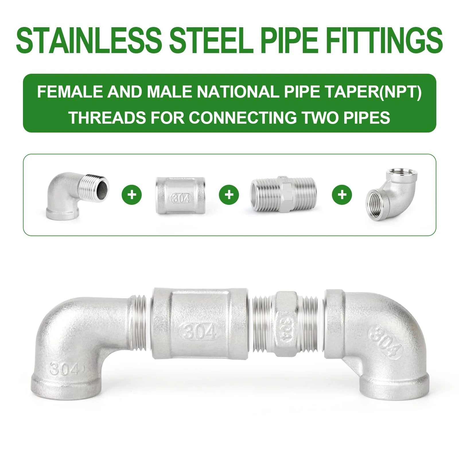 Heavy Duty 8-Piece 304 Stainless Steel Pipe Fitting Kit With 90 Degree Elbows, Hex Bushings, And 3/8 NPT Couplings For Industrial Plumbing And DIY Projects By Taisher