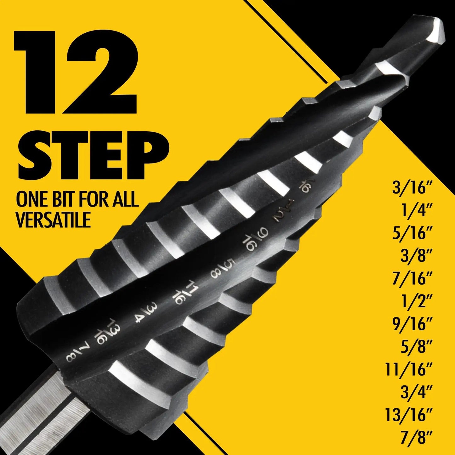 Four Spiral Flute Cobalt Step Drill Bit For Metal And Plastic, Twelve Step Unibit From Three Sixteenth To Seven Eighths Inch With M35 TiAlN Coating And One Quarter Inch Hex Shank, Impact Ready, Beast Mode Drill Bit For Stainless Steel And Aluminum