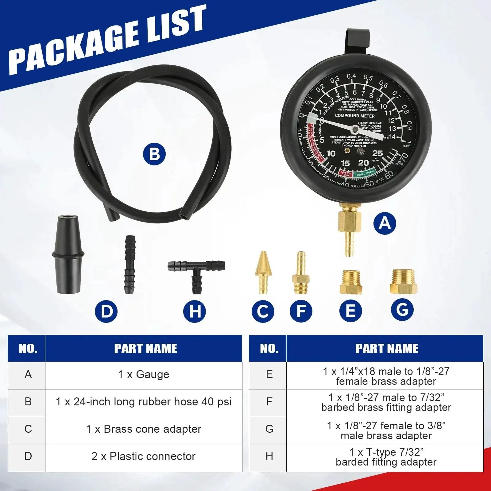 Vacuum And Fuel Pump Tester Kit For Engine Pressure And Carburetor Diagnostics with gauge, hose, and adapters laid out