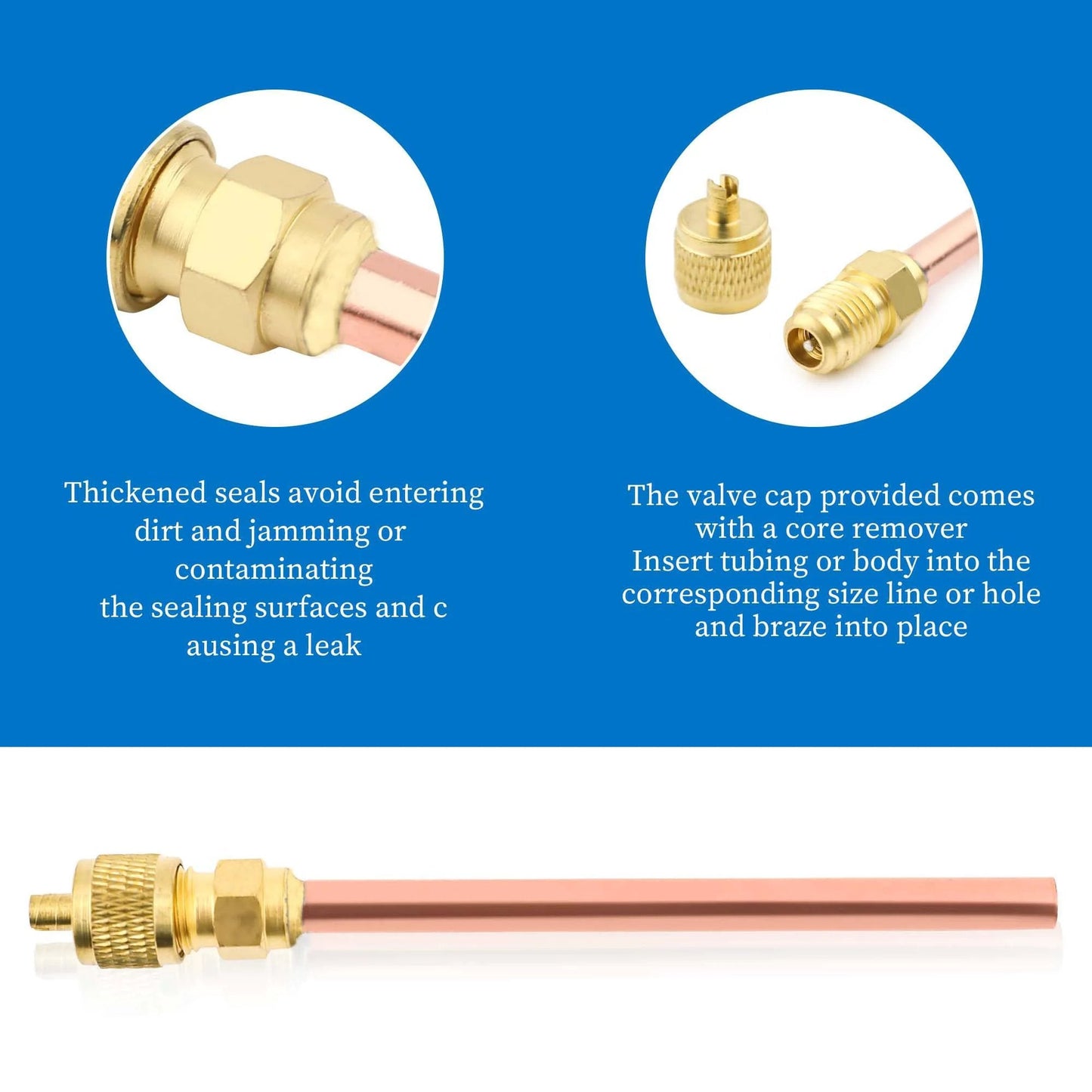 Image of Must Have HVAC Schrader Valve Kit For Vacuum Systems And Refrigeration Ten Piece Set One Quarter Inch SAE To One Quarter Inch OD With Two Point Five Inch Stem Brass Core And Cap Leak Proof Construction For Easy Refrigerant Charging Packed In Plastic Box showing valve components and copper stem.