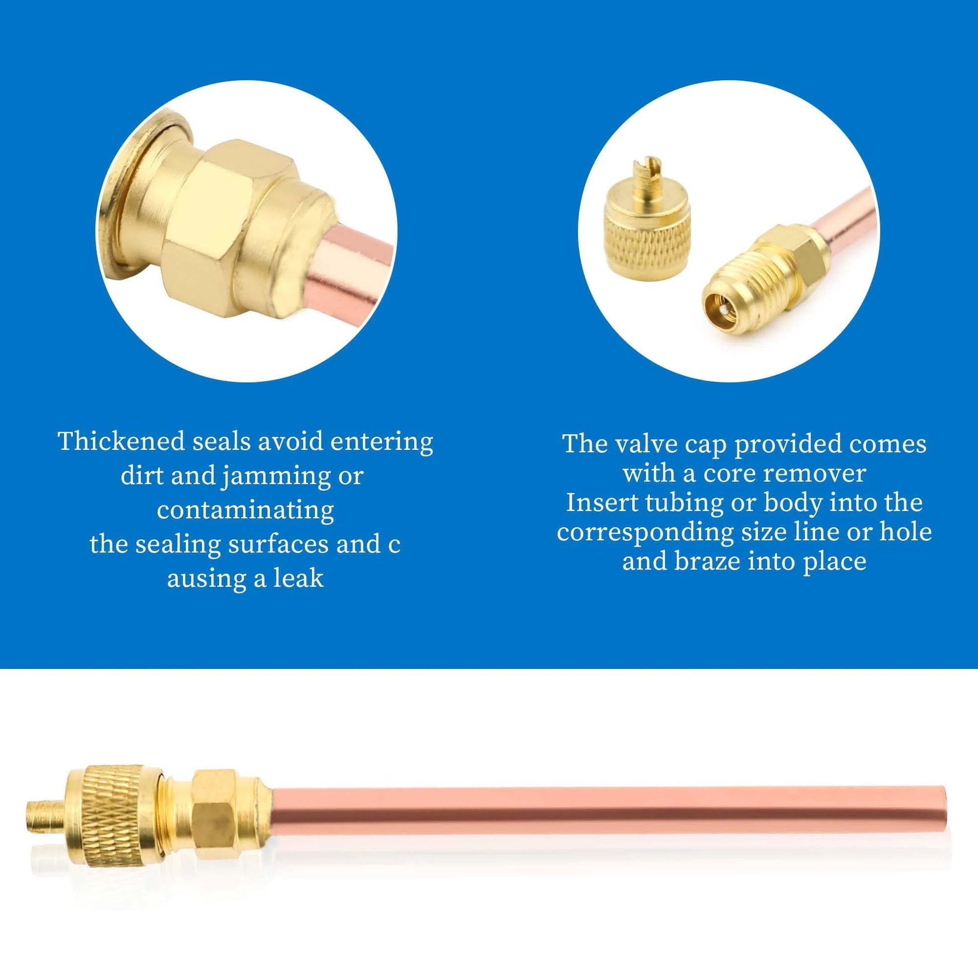 Image of Must Have HVAC Schrader Valve Kit For Vacuum Systems And Refrigeration Ten Piece Set One Quarter Inch SAE To One Quarter Inch OD With Two Point Five Inch Stem Brass Core And Cap Leak Proof Construction For Easy Refrigerant Charging Packed In Plastic Box showing valve components and copper stem.