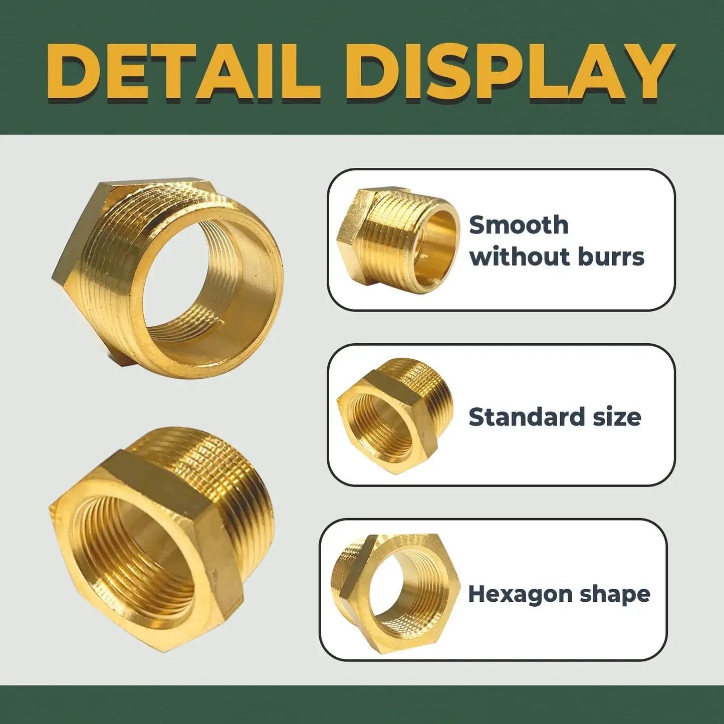 Detail display of Brass Hex Bushing Reducer Set One Half Inch NPT Male To Three Eighth Inch NPT Female 2 Pack with sealing tape