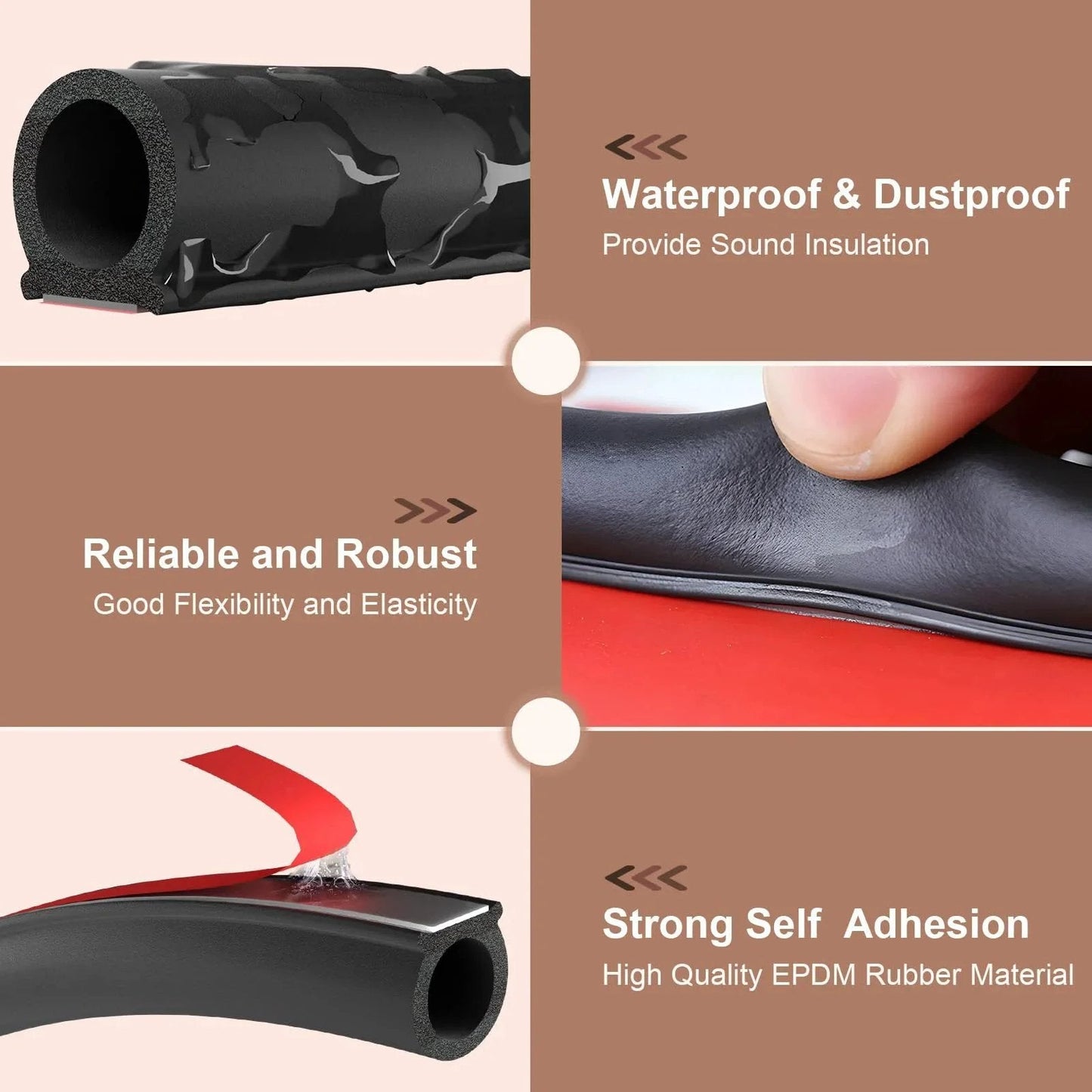 Durable D Shaped EPDM Weather Stripping For Cars And RVs 10 Ft Self Adhesive Door Seal Strip For Windows And Doors No More Drafts Or Noise With Automotive Soundproofing Weatherstripping For Cars Trucks Vans showing close-up of waterproof and self-adhesive properties.