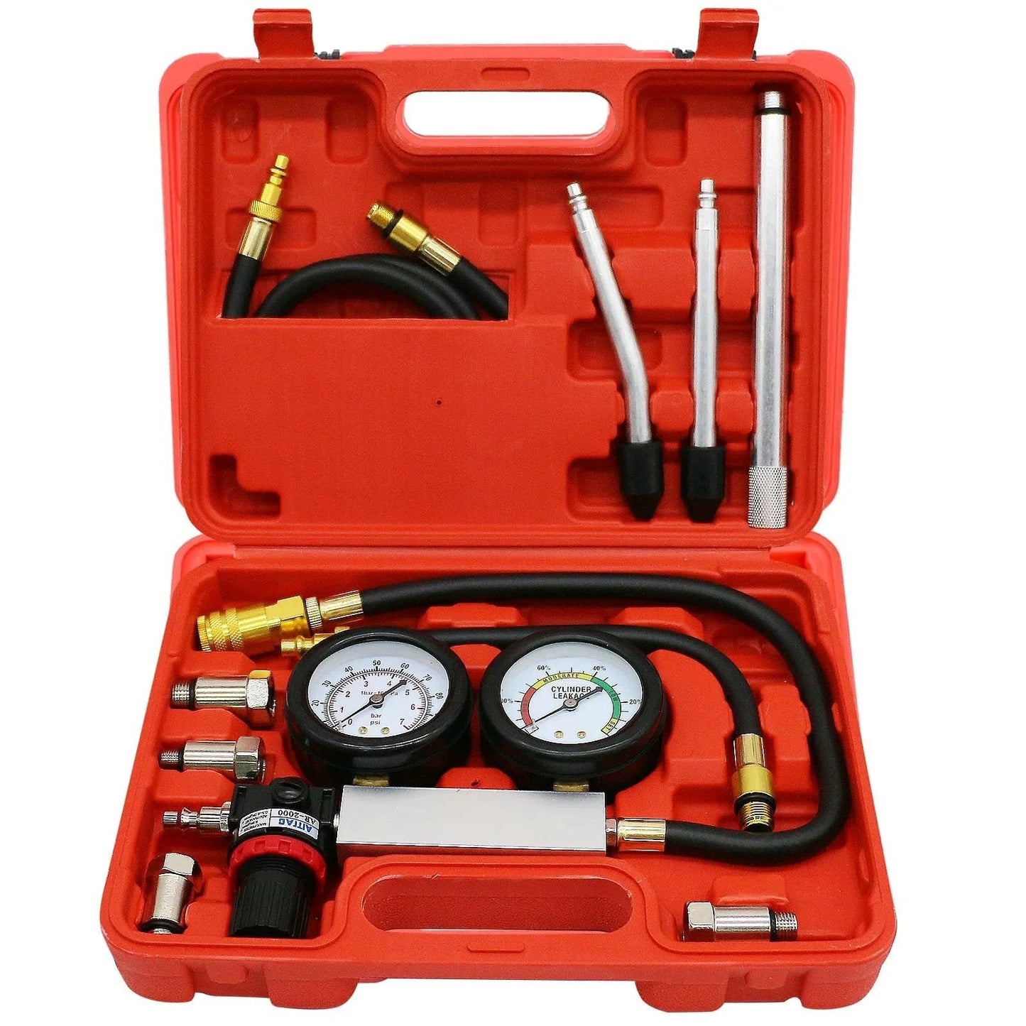 Cylinder Leak Down Tester Kit For Automotive Engine Diagnosis And Compression Testing, Leakage Detector Tool Set With Pressure Gauges, Light Red TU-21