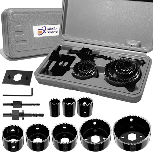 Twelve-Piece Hole Saw Kit With Eight Sizes From Three-Quarters Inch To Two And A Half Inches Including Arbors, Drill Bits, And Hex Key, Built Tough For Softwood Plywood And PVC, Great For DIYers And Pros At Home Or On The Job displayed in open case