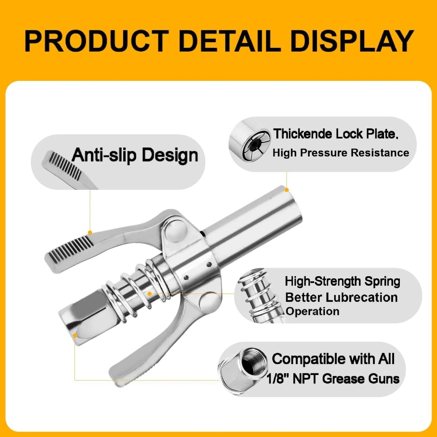 Image of Two Piece Leak Proof Grease Gun Coupler Set For Manual And Electric Guns, 12000 PSI High Pressure, Quick Connect Lock On Design