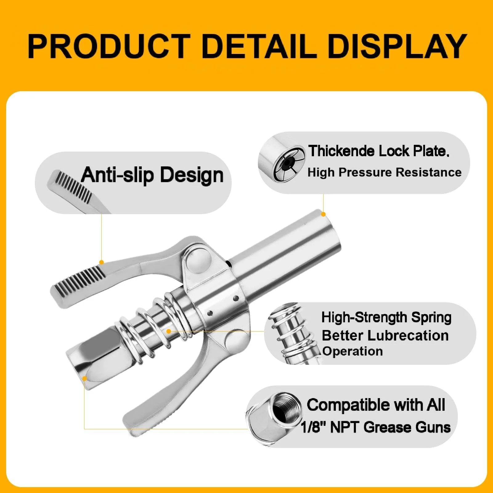 Image of Two Piece Leak Proof Grease Gun Coupler Set For Manual And Electric Guns, 12000 PSI High Pressure, Quick Connect Lock On Design