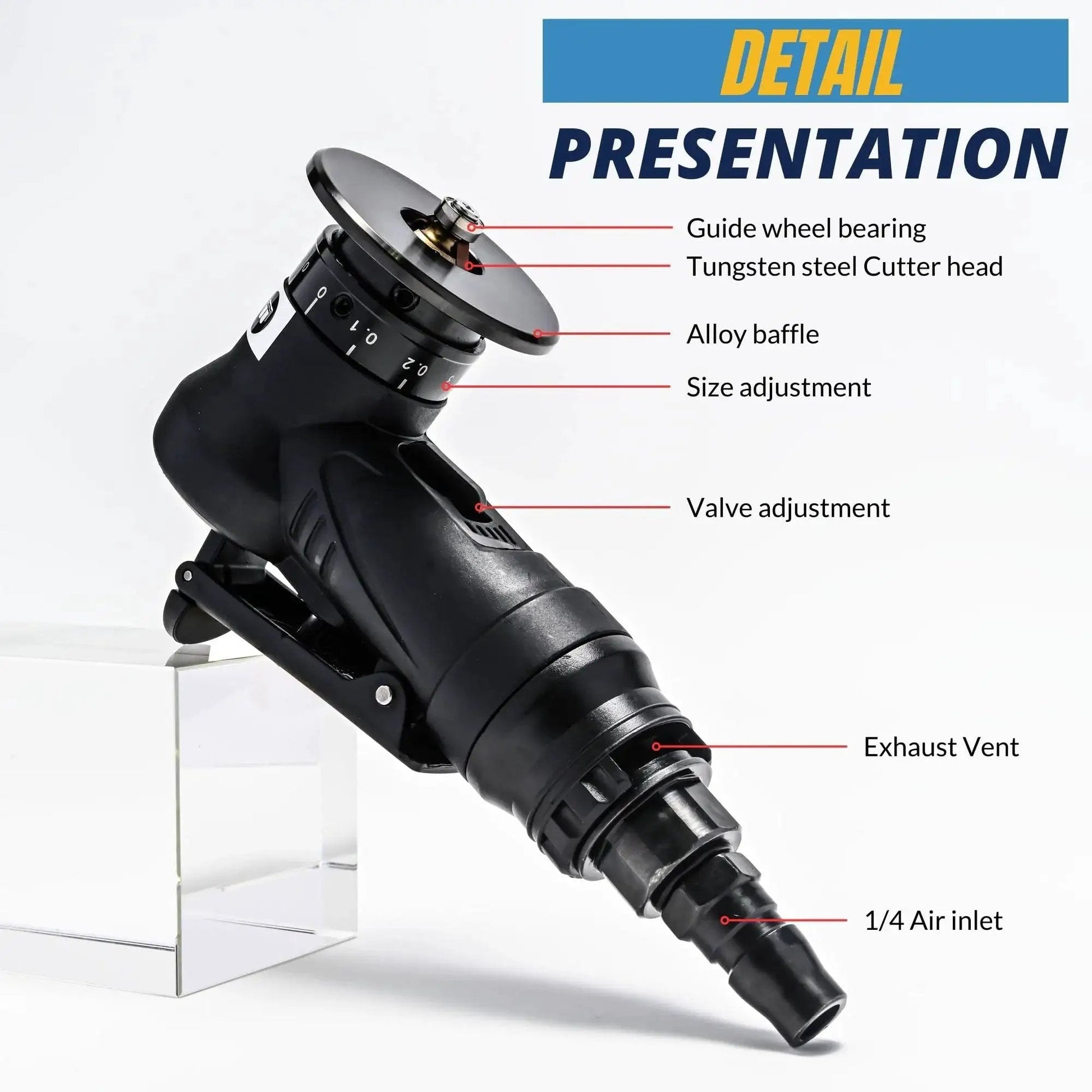 Front view of Slick 45 Degree Mini Chamfering Tool For Metal And Wood Deburring And Beveling Portable Pneumatic Handheld Trimming Edge Tool with labels