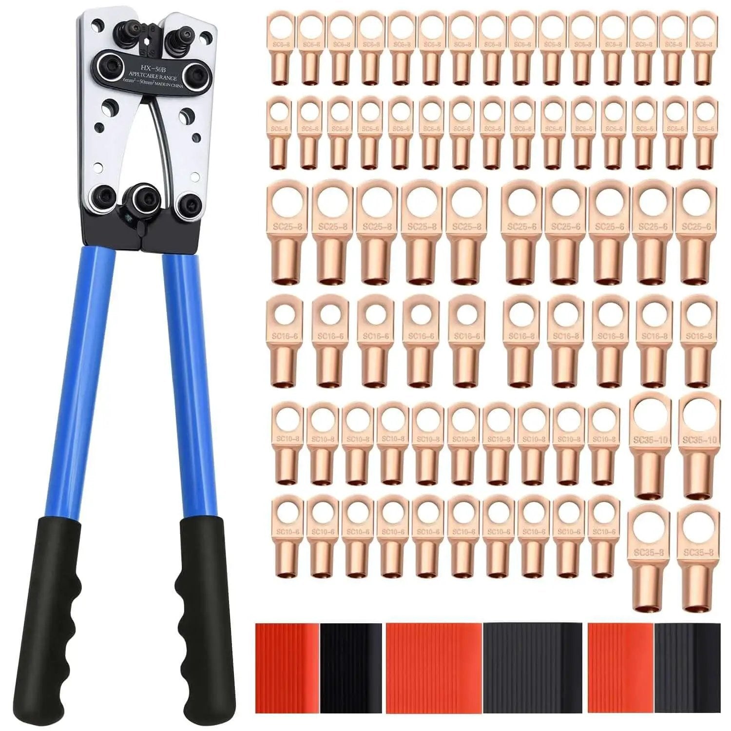 All In One Cable Lug Crimping Tool Kit With 74 Copper Wire Lugs And 100 Dual Wall Adhesive Heat Shrink Tubing For AWG 10 To 1/0