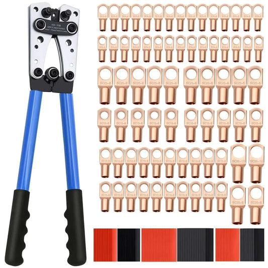 All In One Cable Lug Crimping Tool Kit With 74 Copper Wire Lugs And 100 Dual Wall Adhesive Heat Shrink Tubing For AWG 10 To 1/0