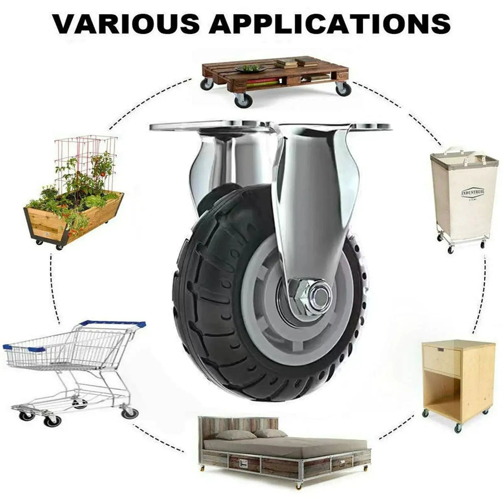 Heavy Duty 4 Inch Rubber Caster Wheel Set For Warehouse Carts And Workbenches, 600 KG Total Load Capacity, various applications diagram