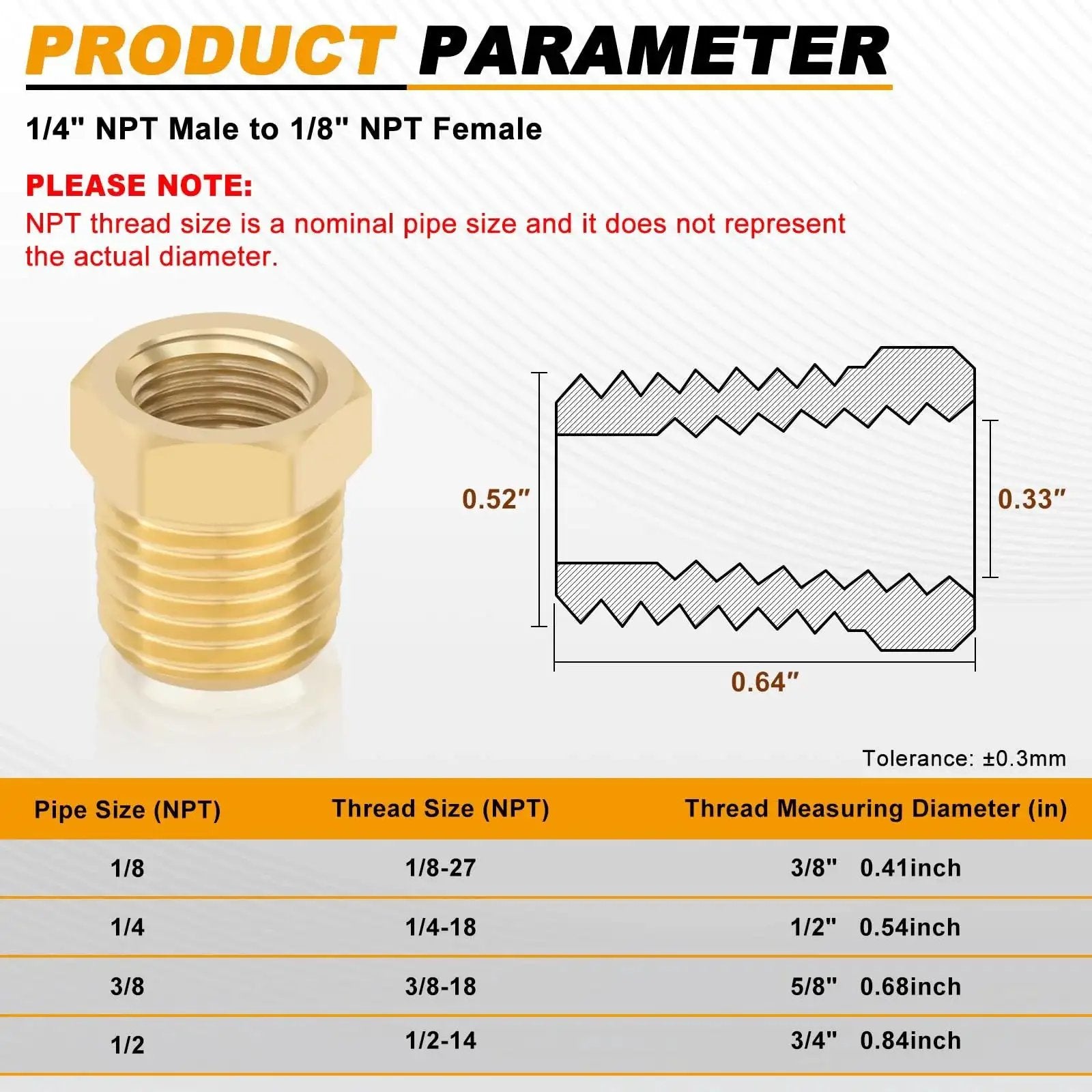 Diagram of Heavy Duty 4 Piece Pro Grade Brass Reducer Hex Bushing Set 1/4 NPT Male To 1/8 NPT Female Pipe Fittings dimensions.