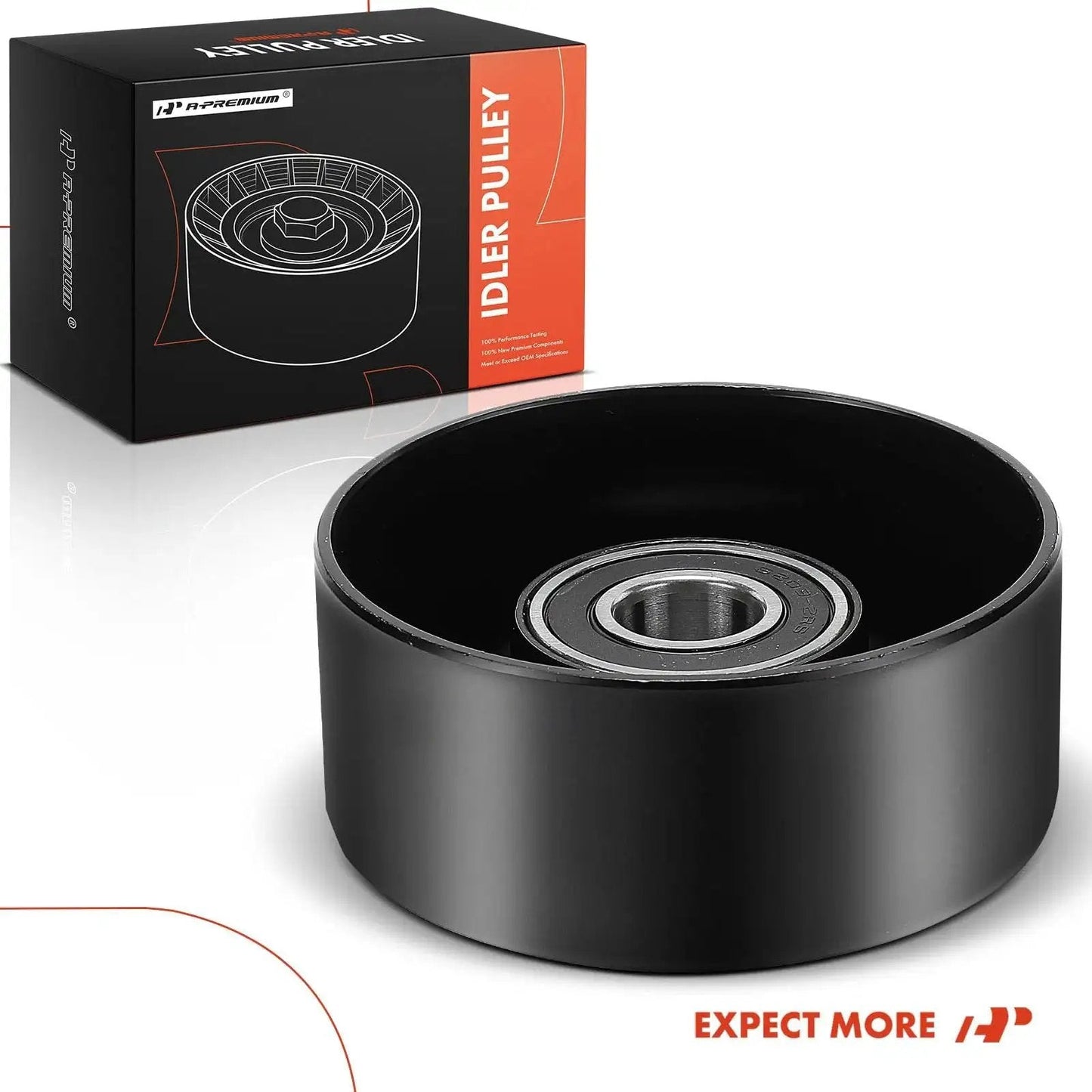 Premium Belt Idler Pulley Fits Ford F Series Trucks And Econoline Vans From 1997 To 2003 And Works With Mustang Expedition Excursion Lincoln Navigator Starcraft Bus StarLite Durable Replacement Component For Serpentine Belt, showing a black pulley with a metal bearing and packaging box.