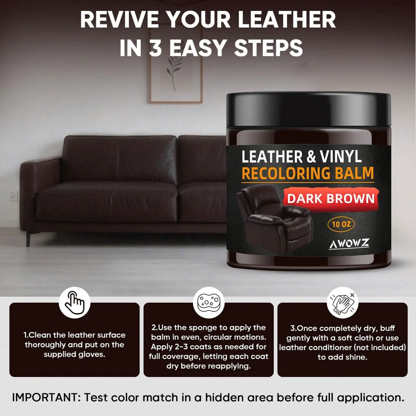 Dark Brown Leather Recoloring Balm for Scratch Repair and Color Restore, 10 Oz displayed with leather couch in the background.