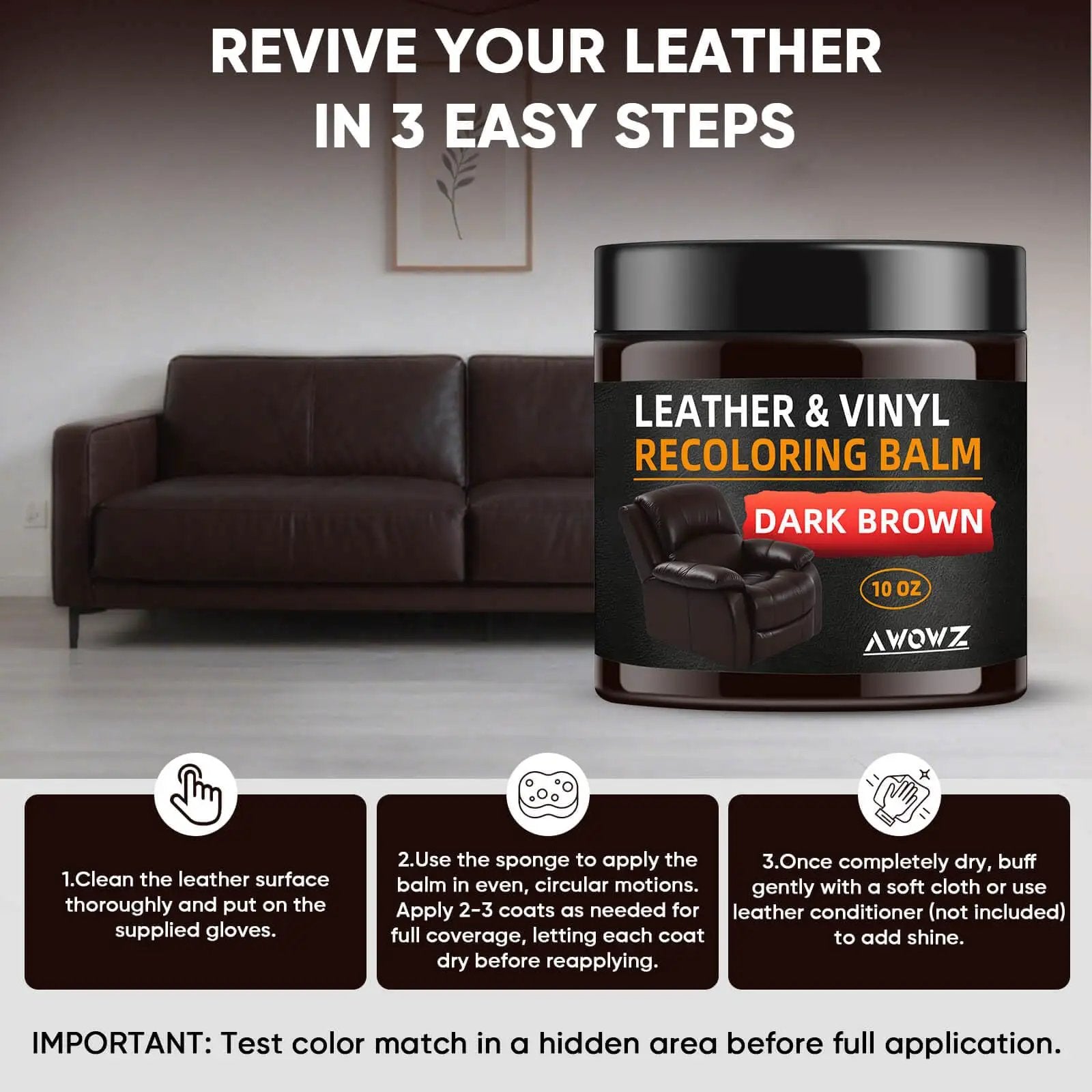 Dark Brown Leather Recoloring Balm for Scratch Repair and Color Restore, 10 Oz displayed with leather couch in the background.