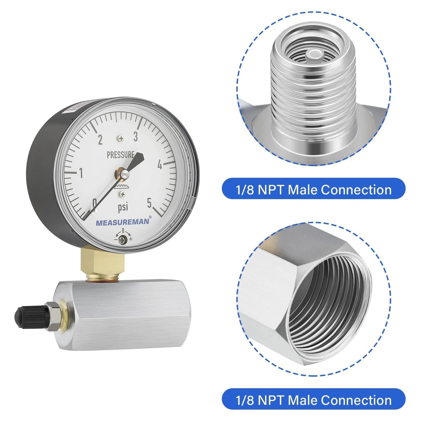 Low Pressure Capsule Diaphragm Gauge With Adjustable 0 To 5 Psi Range, Featuring Dial and NPT Connections by MeasureMan