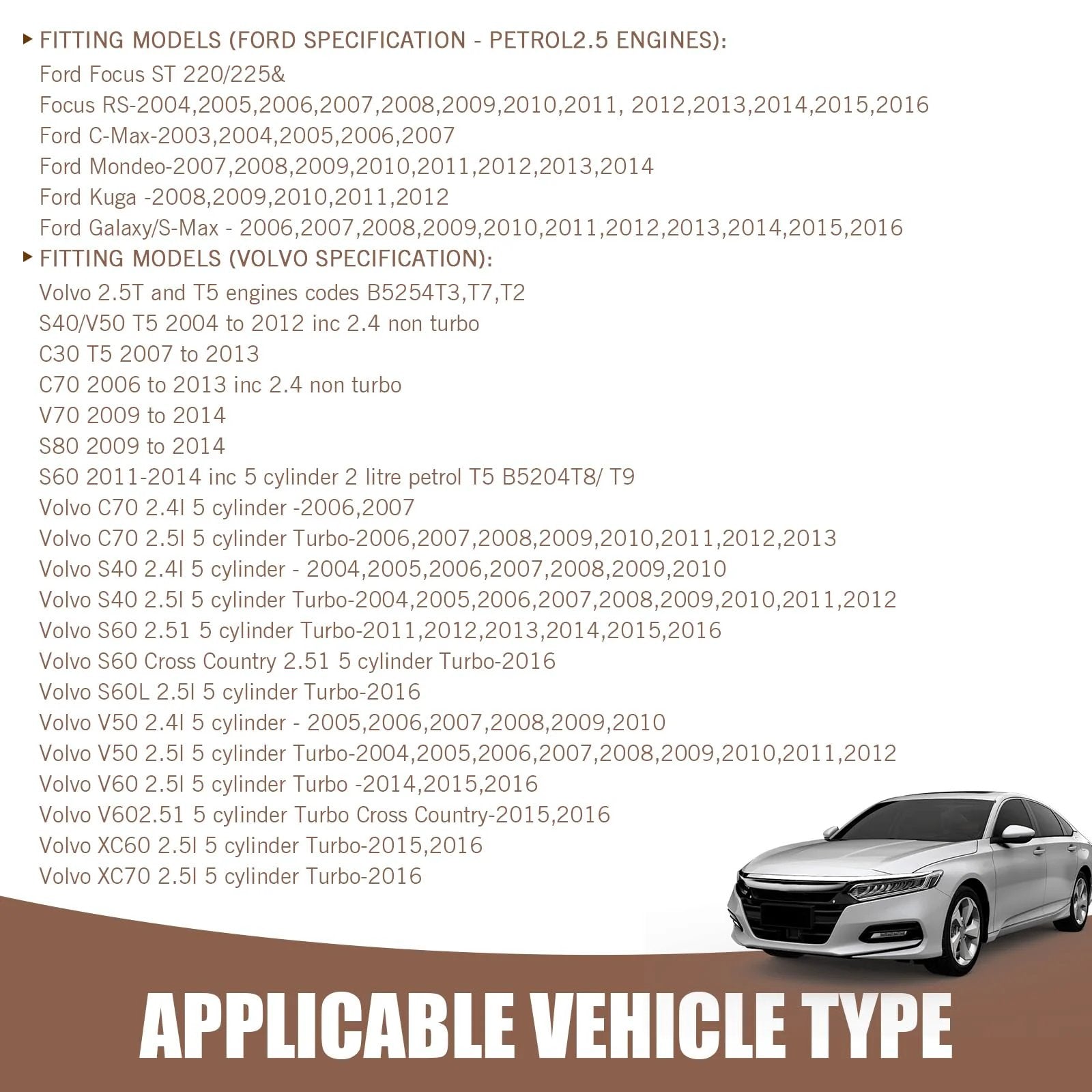List of applicable vehicle types for Ford and Volvo models with a silver car illustration at the bottom right.
