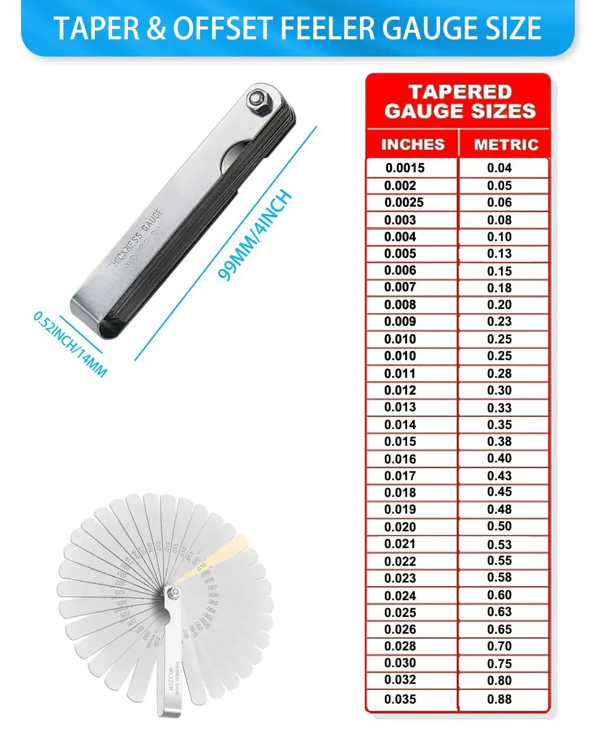 32 Blade Tapered Feeler Gauge Set In Stainless Steel With Dual Metric And SAE Markings For Valve Clearance And Thickness Measurement Pro Grade Folding Design For Easy Storage And Access In Tight Spaces