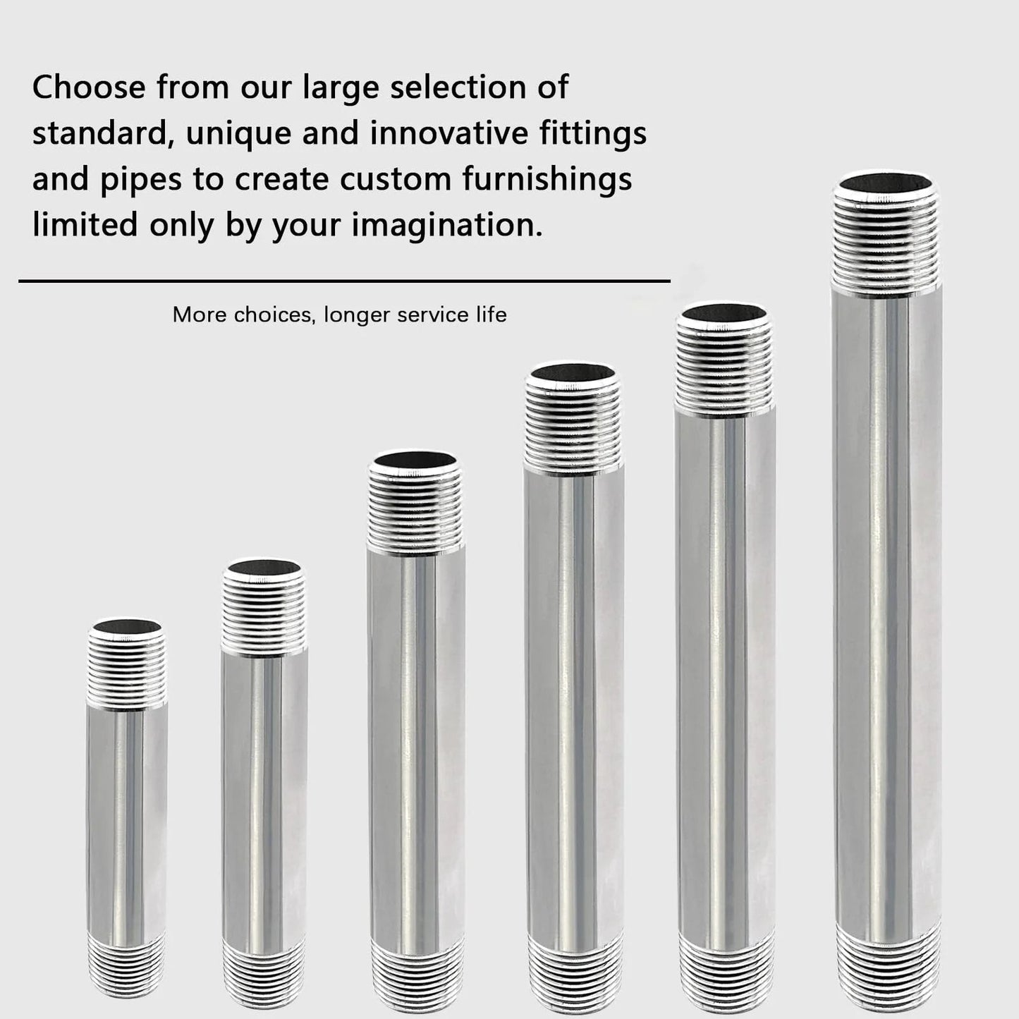 Various sizes of metal pipe nipples displayed vertically, emphasizing Heavy Duty GeilSpace Half Inch NPT Stainless Steel Pipe Nipples, Eighteen Inches Long, Set Of Two, 304 Stainless Steel, Rust Proof And Corrosion Resistant, Fits Standard Half Inch Threaded Pipes And Fittings, Pro Grade DIY Metal Tubes.