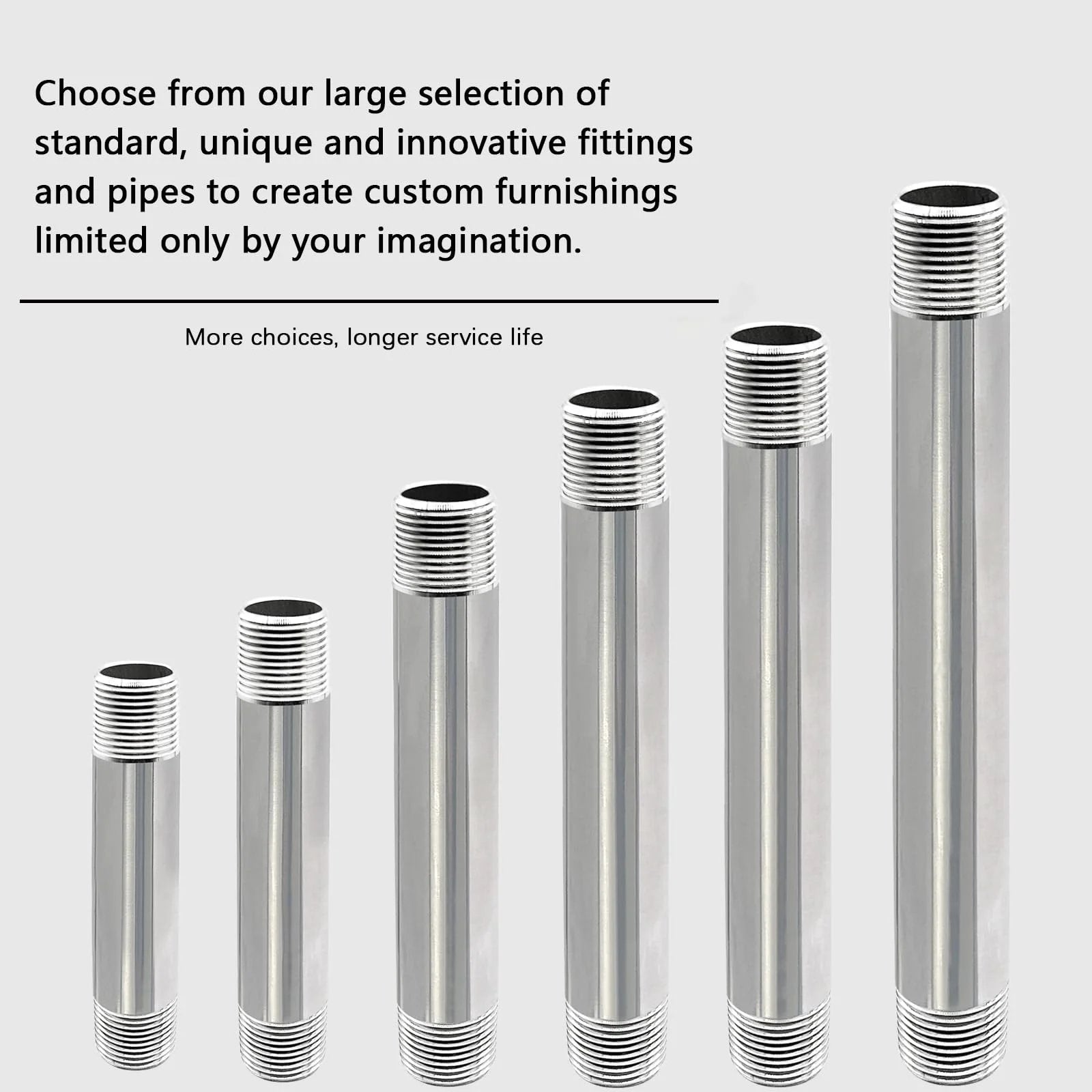 Various sizes of metal pipe nipples displayed vertically, emphasizing Heavy Duty GeilSpace Half Inch NPT Stainless Steel Pipe Nipples, Eighteen Inches Long, Set Of Two, 304 Stainless Steel, Rust Proof And Corrosion Resistant, Fits Standard Half Inch Threaded Pipes And Fittings, Pro Grade DIY Metal Tubes.