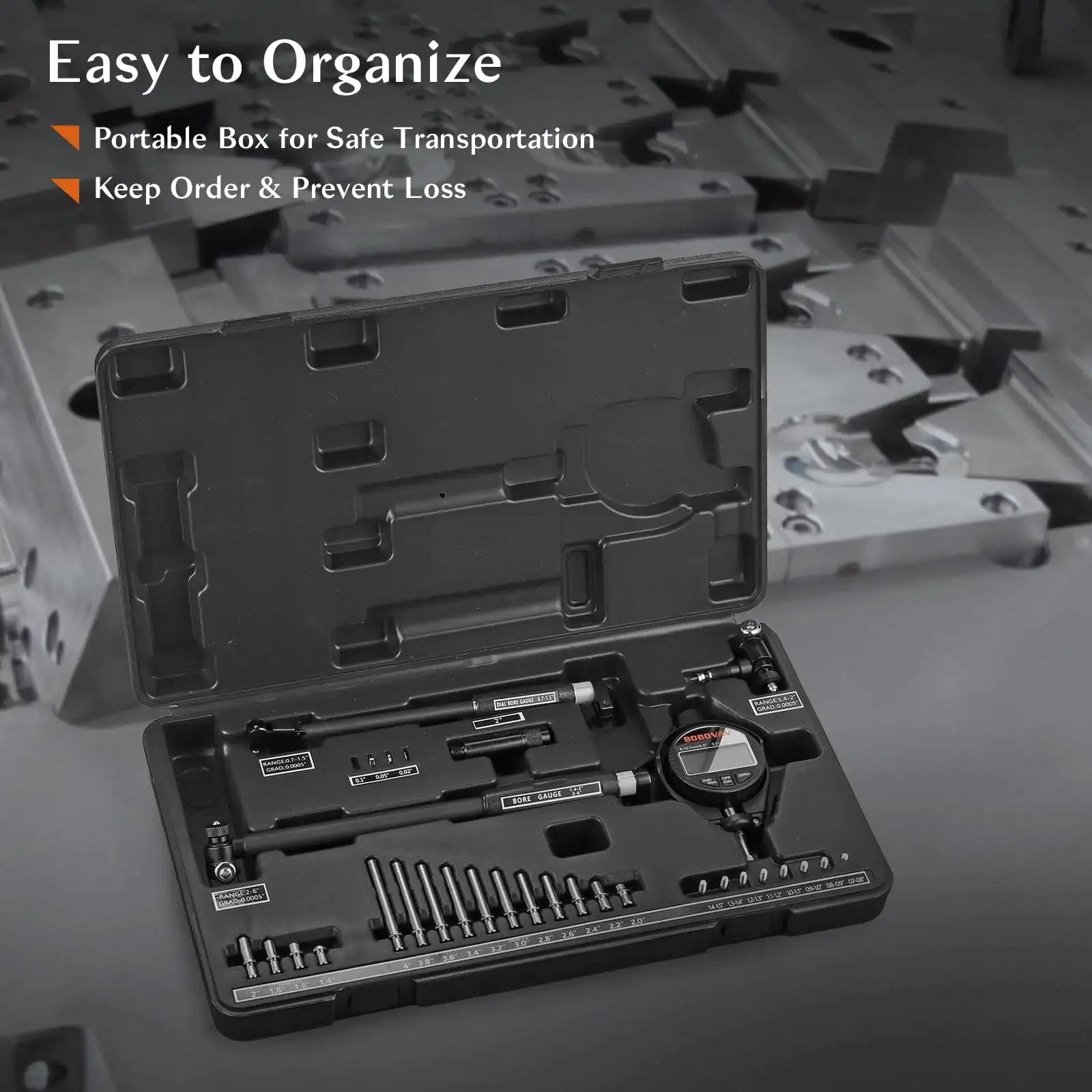 Open case of Digital Dial Bore Gauge Set 0.7 to 6 Inch Range with 150mm Depth and 23 anvils, displayed on industrial surface